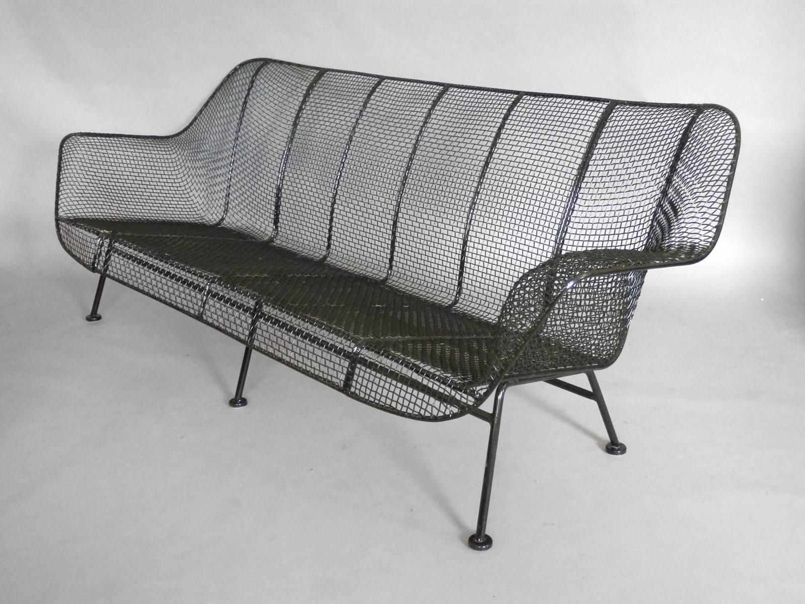 Mid-Century Modern Completely Restored Woodard Full Size Wrought Iron Couch in Black Powder Coat