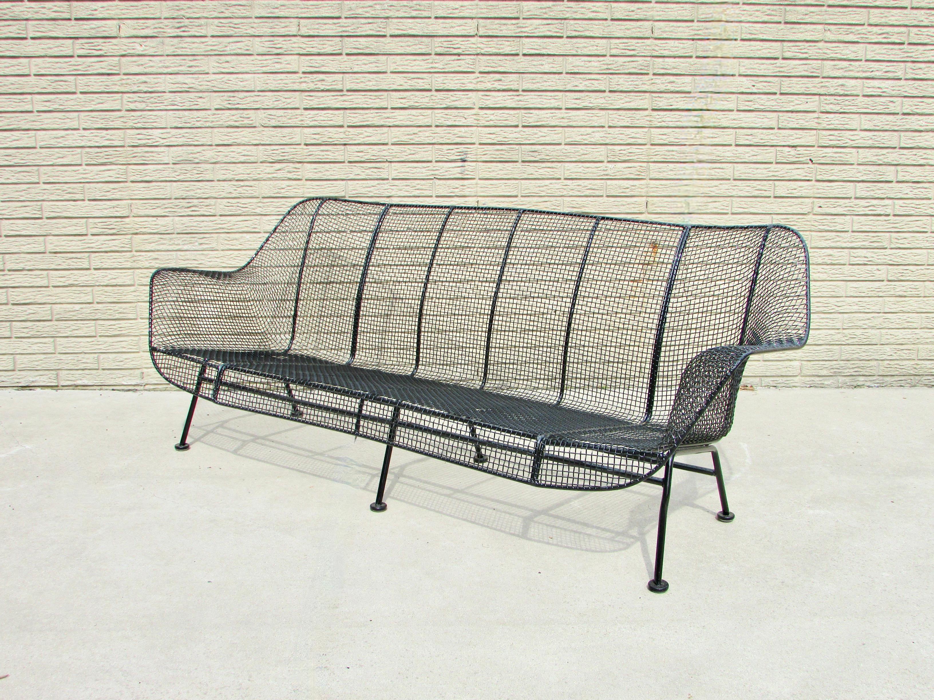 Mid-Century Modern Completely Restored Woodard Full Size Wrought Iron Couch in Black Powder Coat For Sale