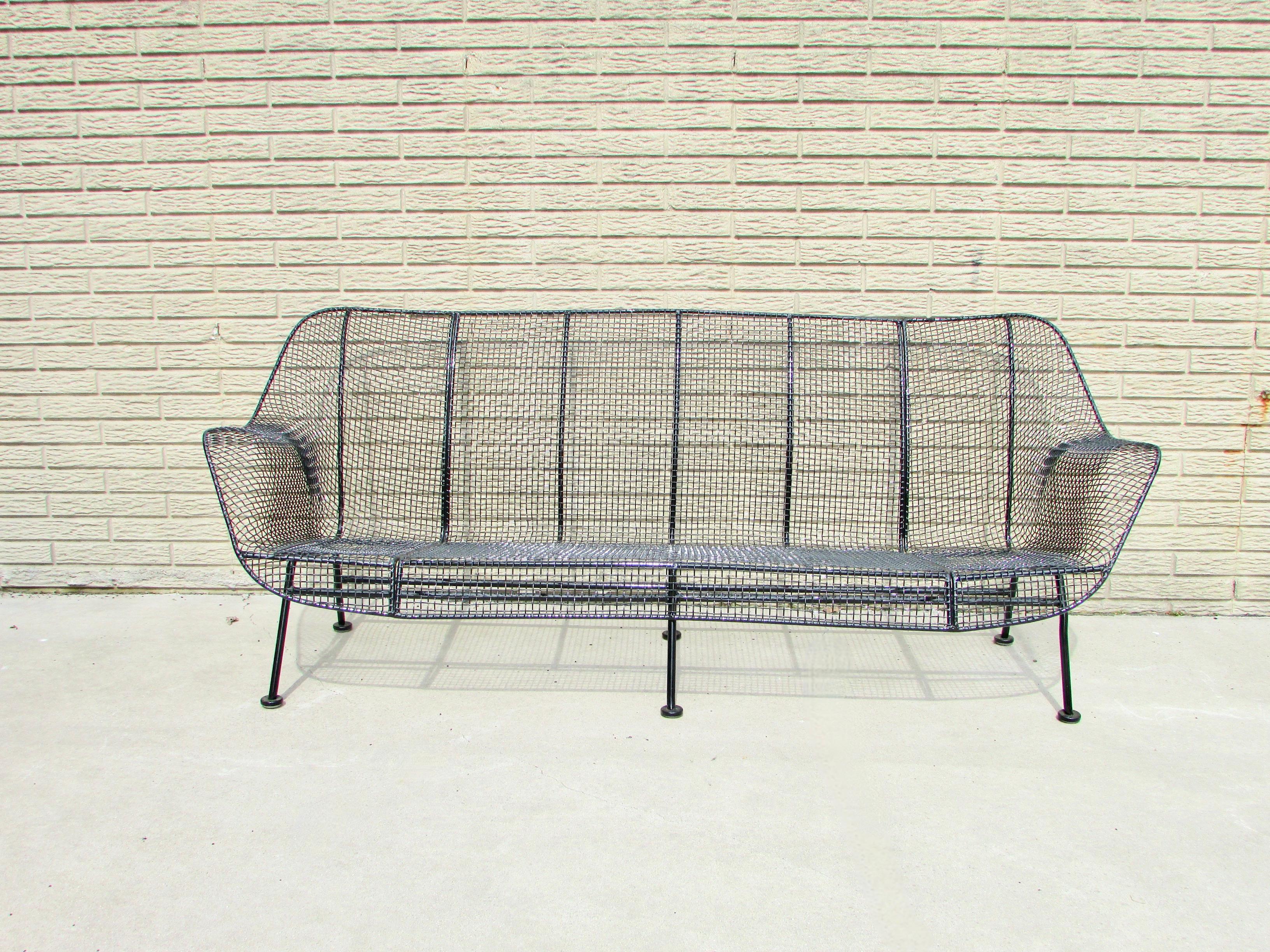 Powder-Coated Completely Restored Woodard Full Size Wrought Iron Couch in Black Powder Coat For Sale