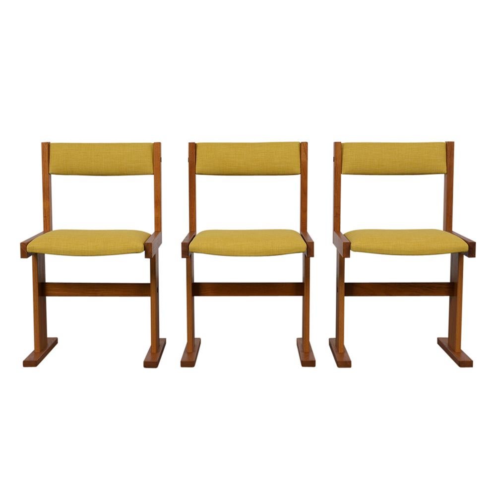 Completely restored 1960s set of six midcentury dining chairs, reupholstered in mustard fabric and finished with a beautiful provincial color finish. Chairs are very sturdy and ready to be enjoyed in any home for years to come.

Measures: Seat