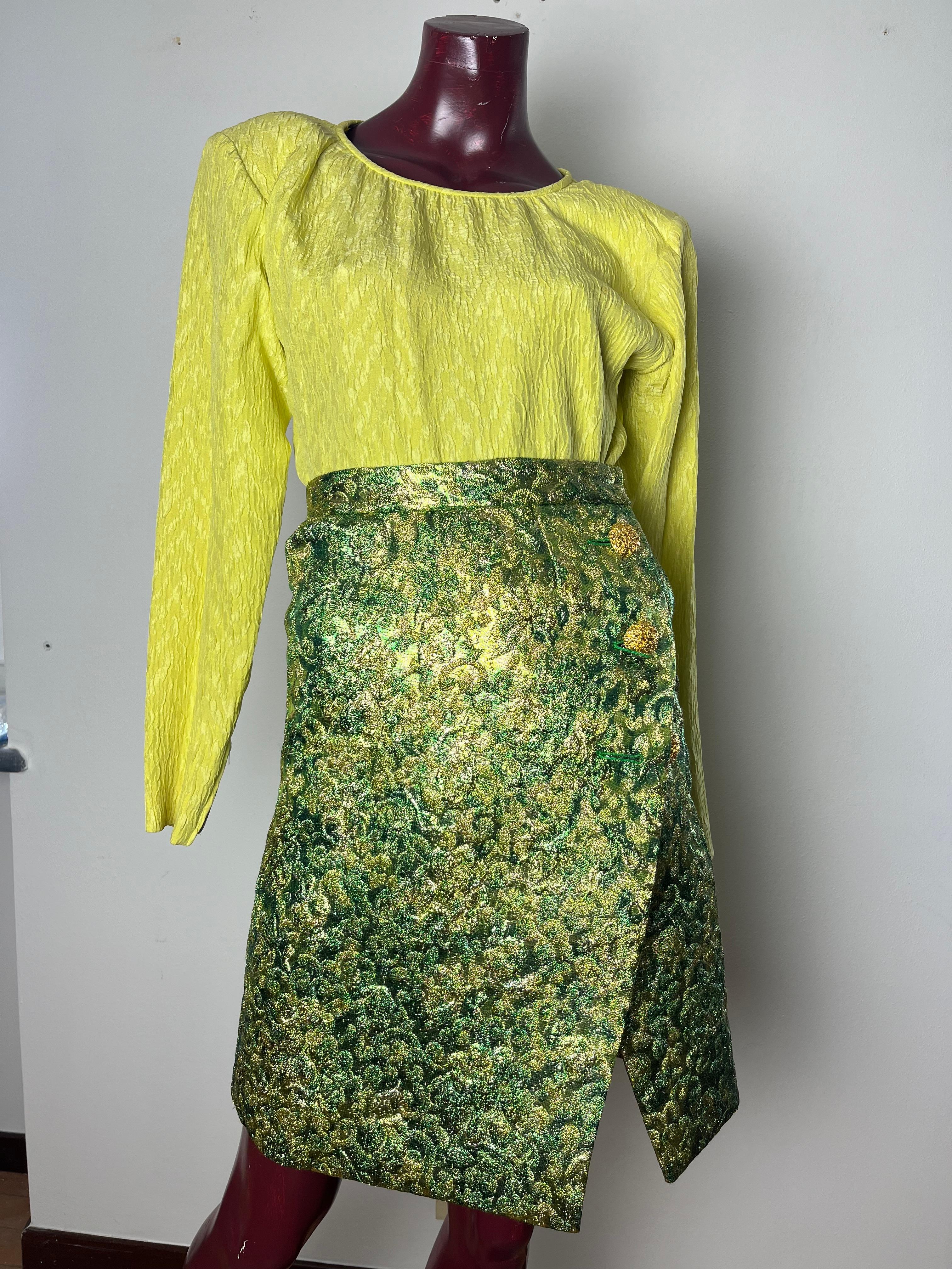 YSL green/yellow brocade suit For Sale 13