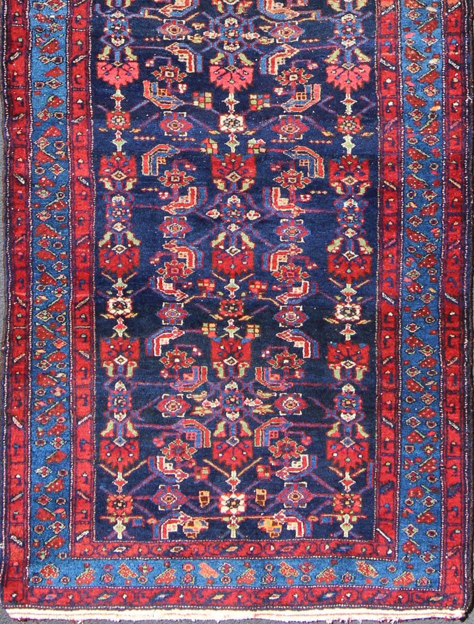 Vintage Hamedan Persian Runner with colorful all-over geometric design, rug ema-7588, country of origin / type: Iran / Hamedan, circa 1930

This vintage Persian Hamedan gallery rug (circa early 20th century) features a unique blend of colors and