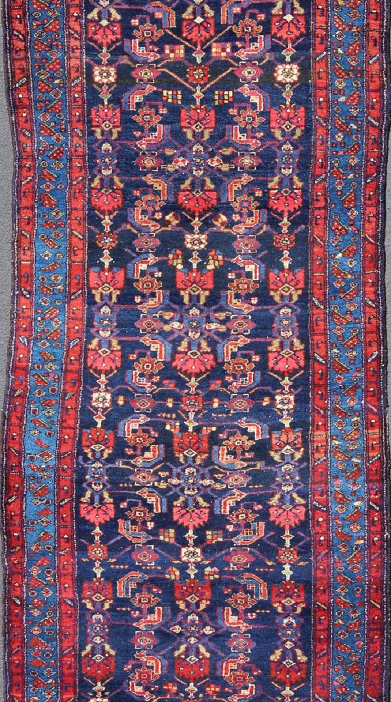 Tribal Complex Geometric Design Hamedan Vintage Runner from Persia in Multi-Colors For Sale