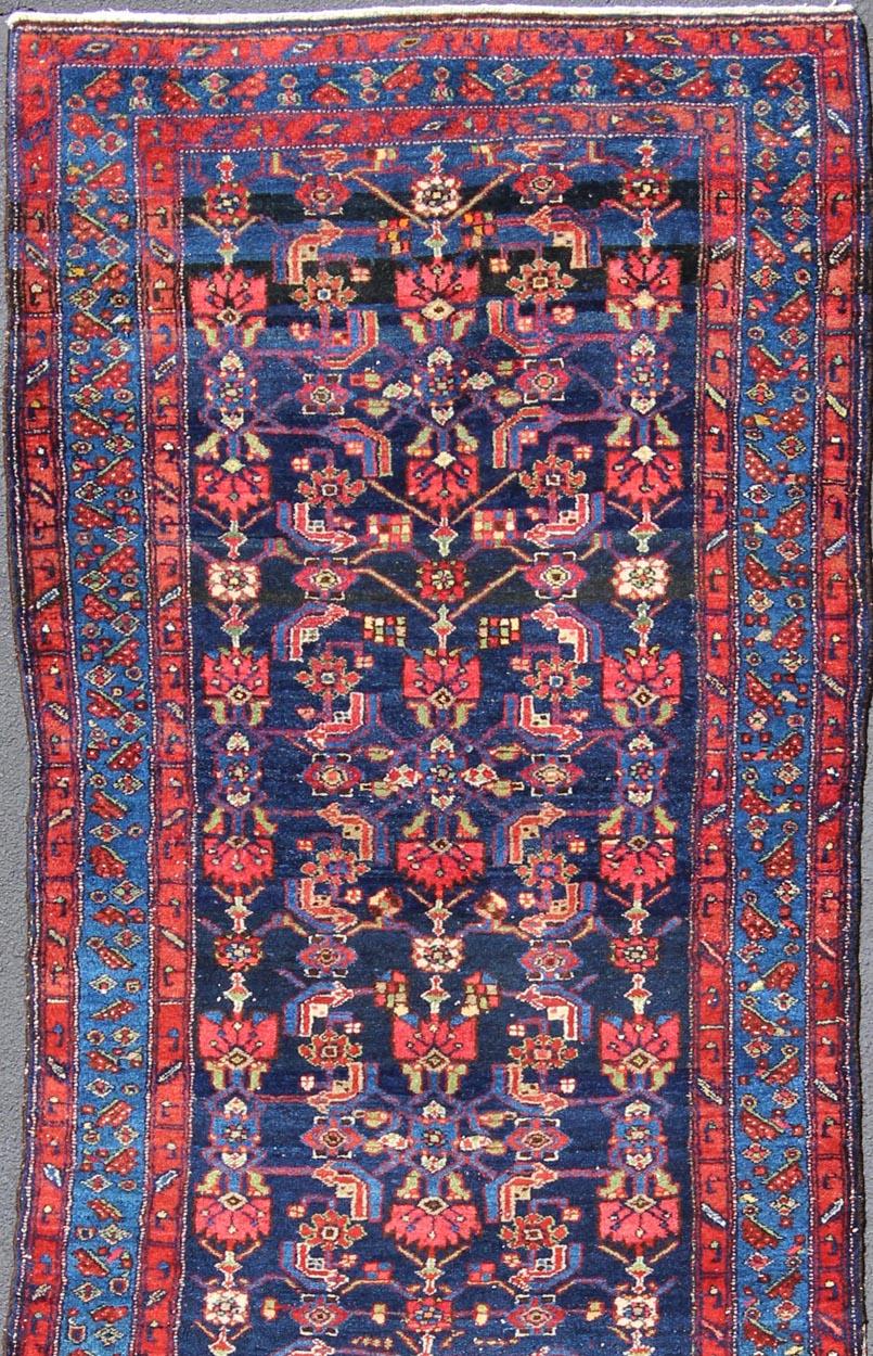 Persian Complex Geometric Design Hamedan Vintage Runner from Persia in Multi-Colors For Sale