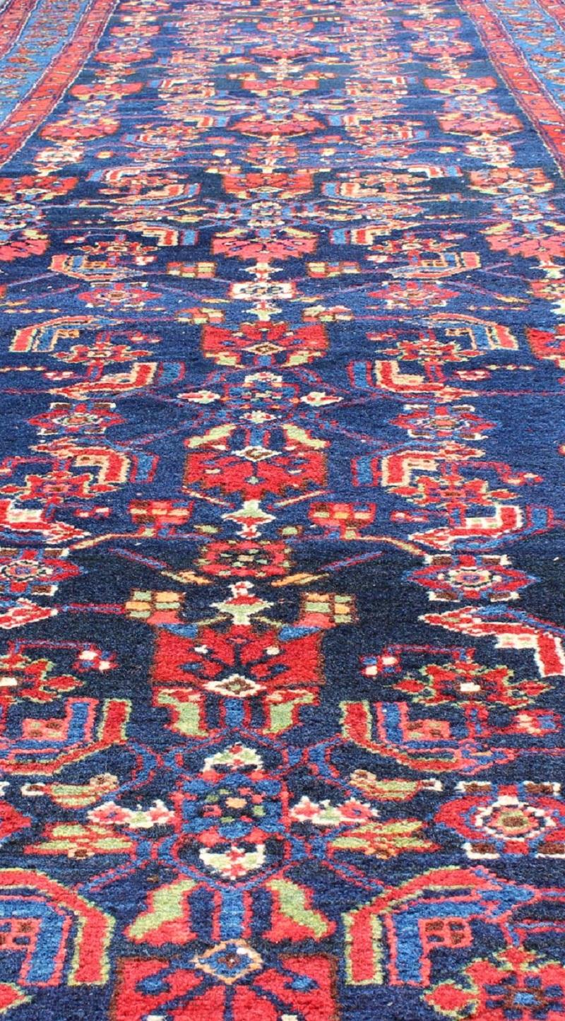 Complex Geometric Design Hamedan Vintage Runner from Persia in Multi-Colors In Excellent Condition For Sale In Atlanta, GA