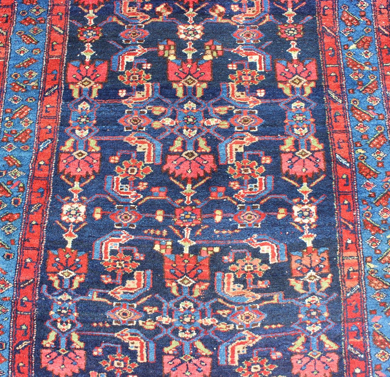 Mid-20th Century Complex Geometric Design Hamedan Vintage Runner from Persia in Multi-Colors For Sale