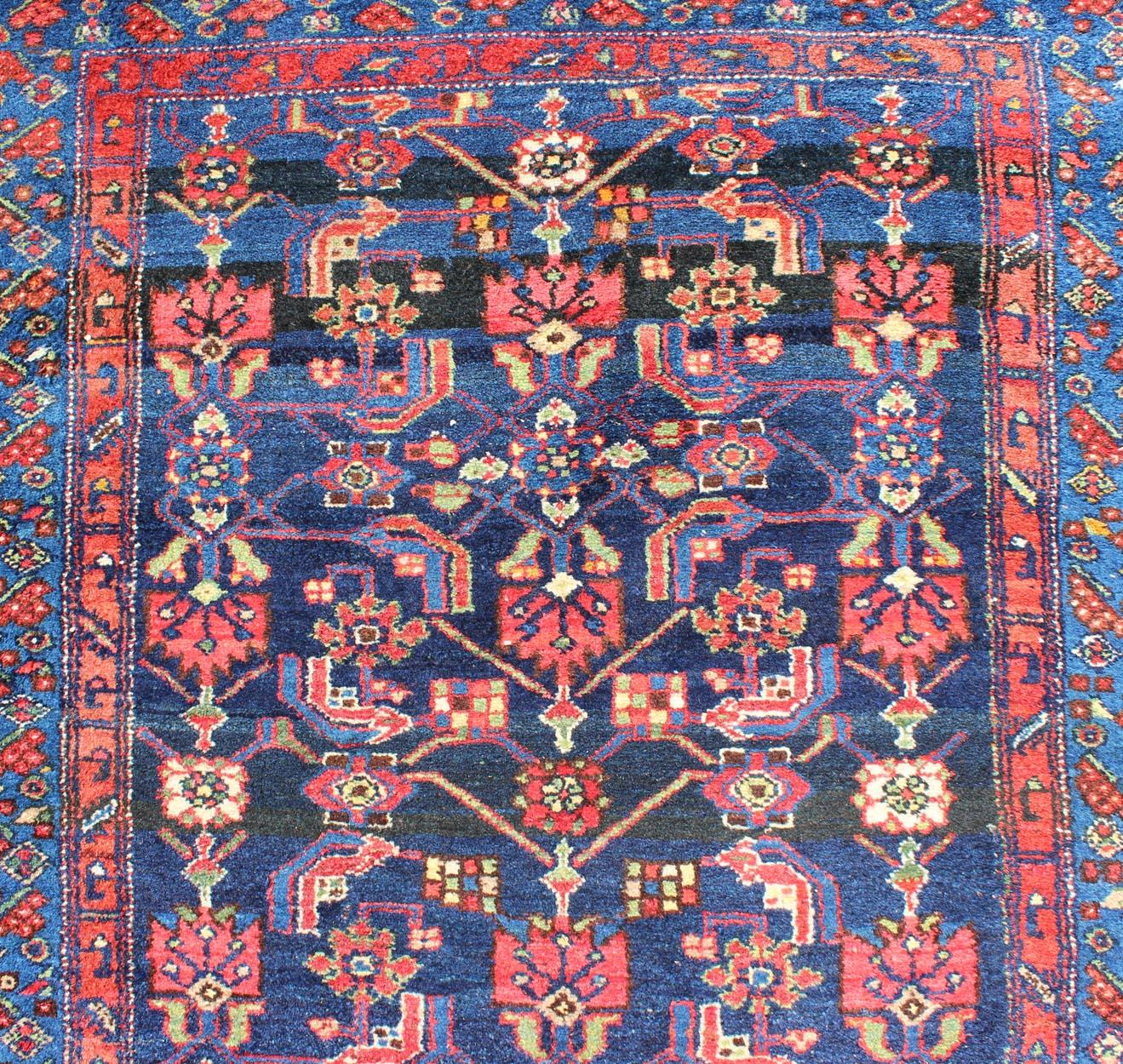 Wool Complex Geometric Design Hamedan Vintage Runner from Persia in Multi-Colors For Sale