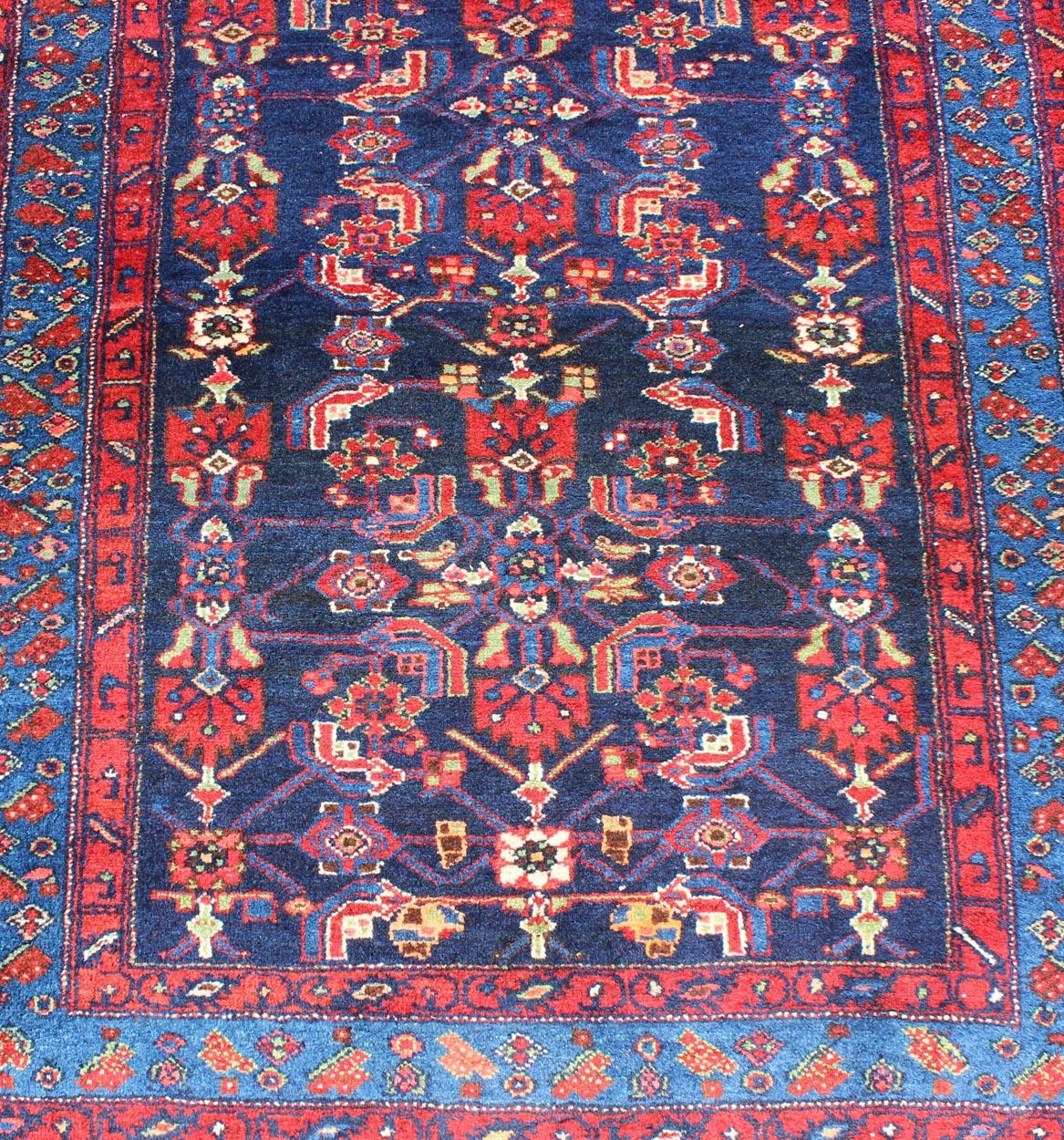 Complex Geometric Design Hamedan Vintage Runner from Persia in Multi-Colors For Sale 1