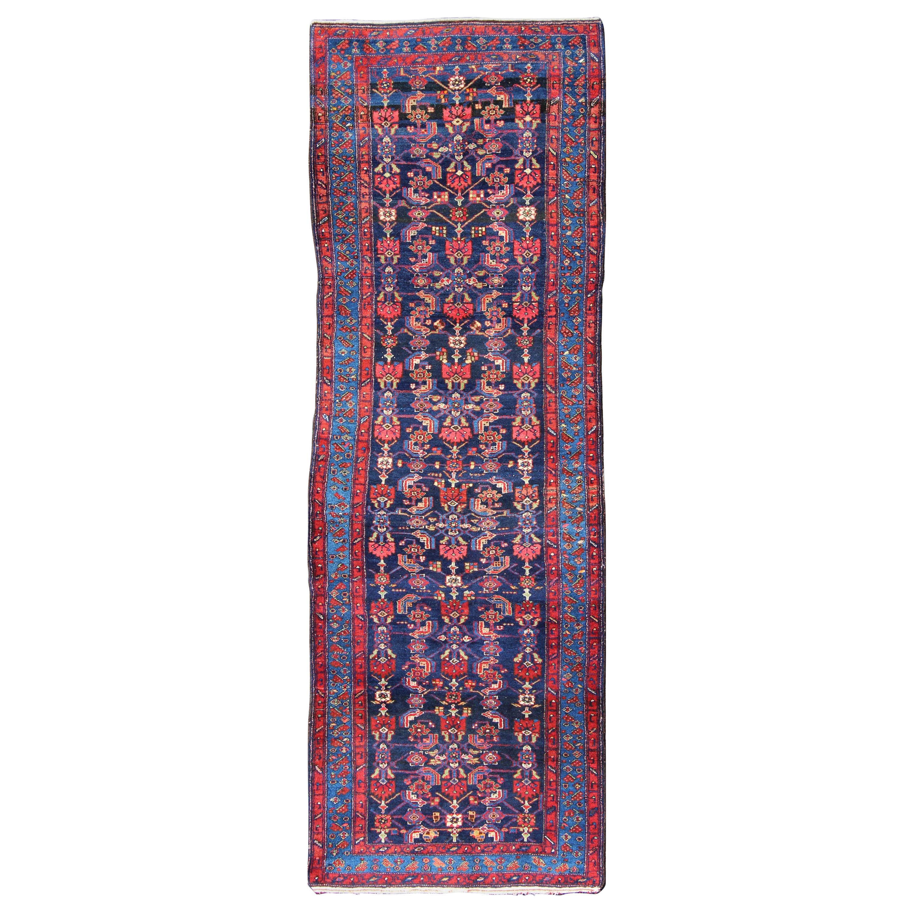 Complex Geometric Design Hamedan Vintage Runner from Persia in Multi-Colors For Sale