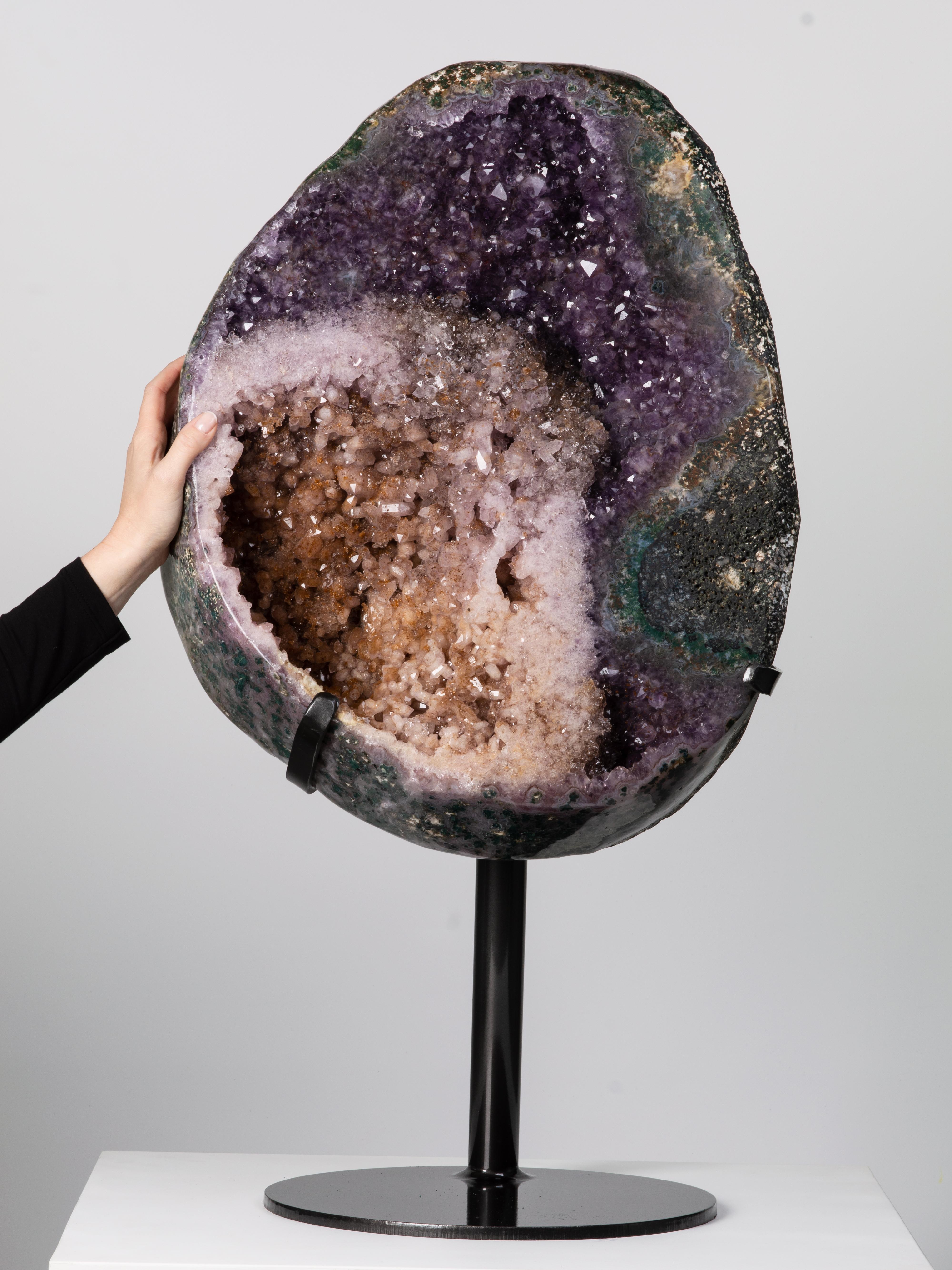 This large and thick slice preserves a complex arrangement of two interlocking
geodes, one with a citrine-like orange quartz and another with
deep purple amethyst. The exterior green celadonite “shell” of the geode
can be appreciated in rough as