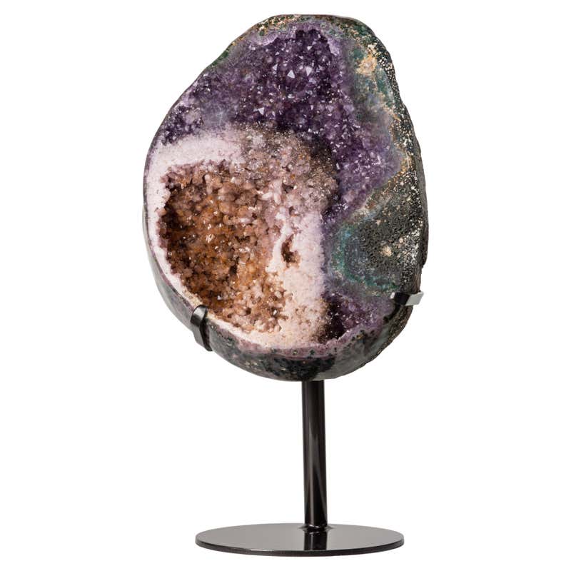Unusual Rotating Geode Slice with Amethyst Peaks and Calcite on Metal ...