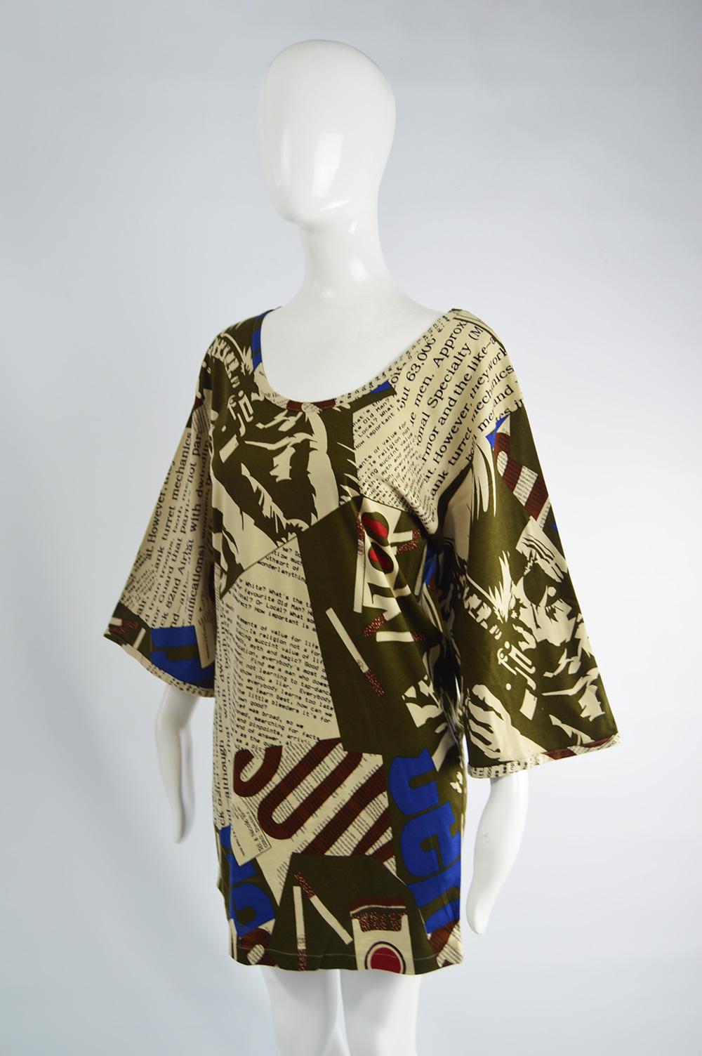 Black Complice Vintage Newspaper Print Kimono Sleeve Mini Dress, 1980s For Sale