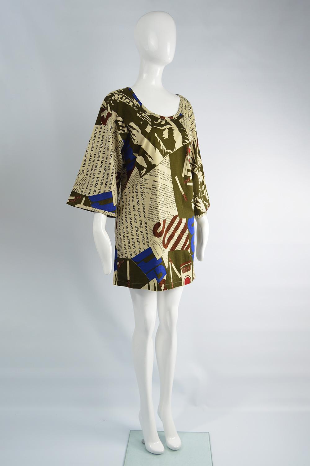 Women's Complice Vintage Newspaper Print Kimono Sleeve Mini Dress, 1980s For Sale