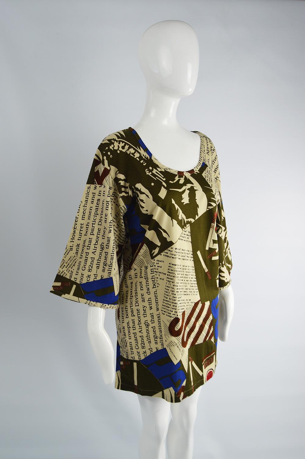 Complice Vintage Newspaper Print Kimono Sleeve Mini Dress, 1980s For Sale 1
