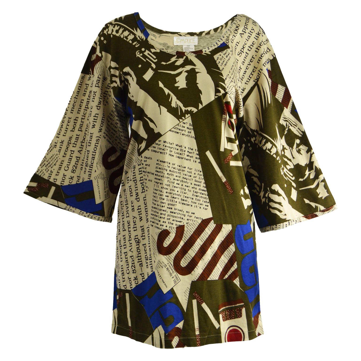 Complice Vintage Newspaper Print Kimono Sleeve Mini Dress, 1980s For Sale