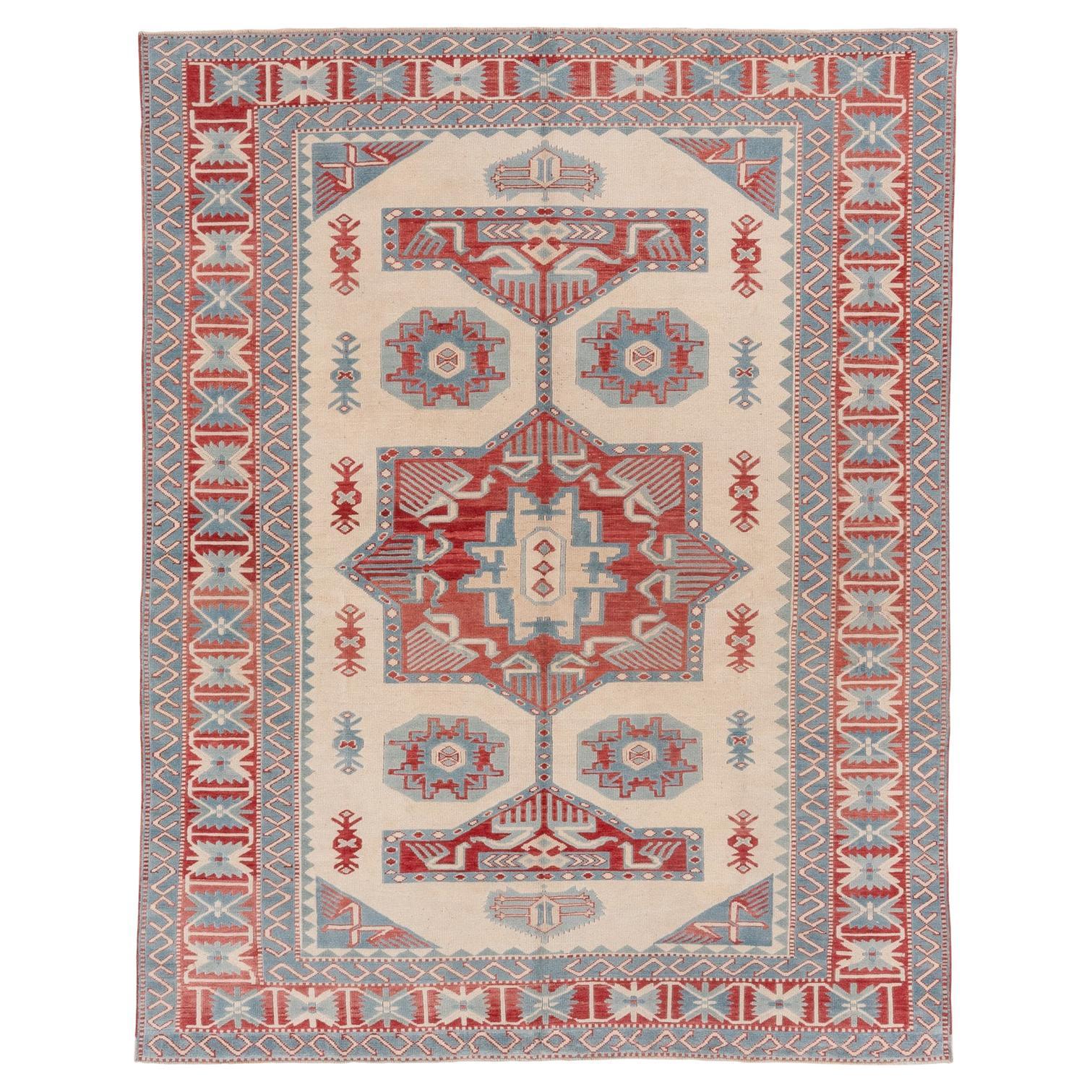 Complimentary Blue and Red Oushak with Village Patterns