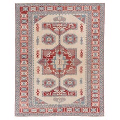 Complimentary Blue and Red Oushak with Village Patterns