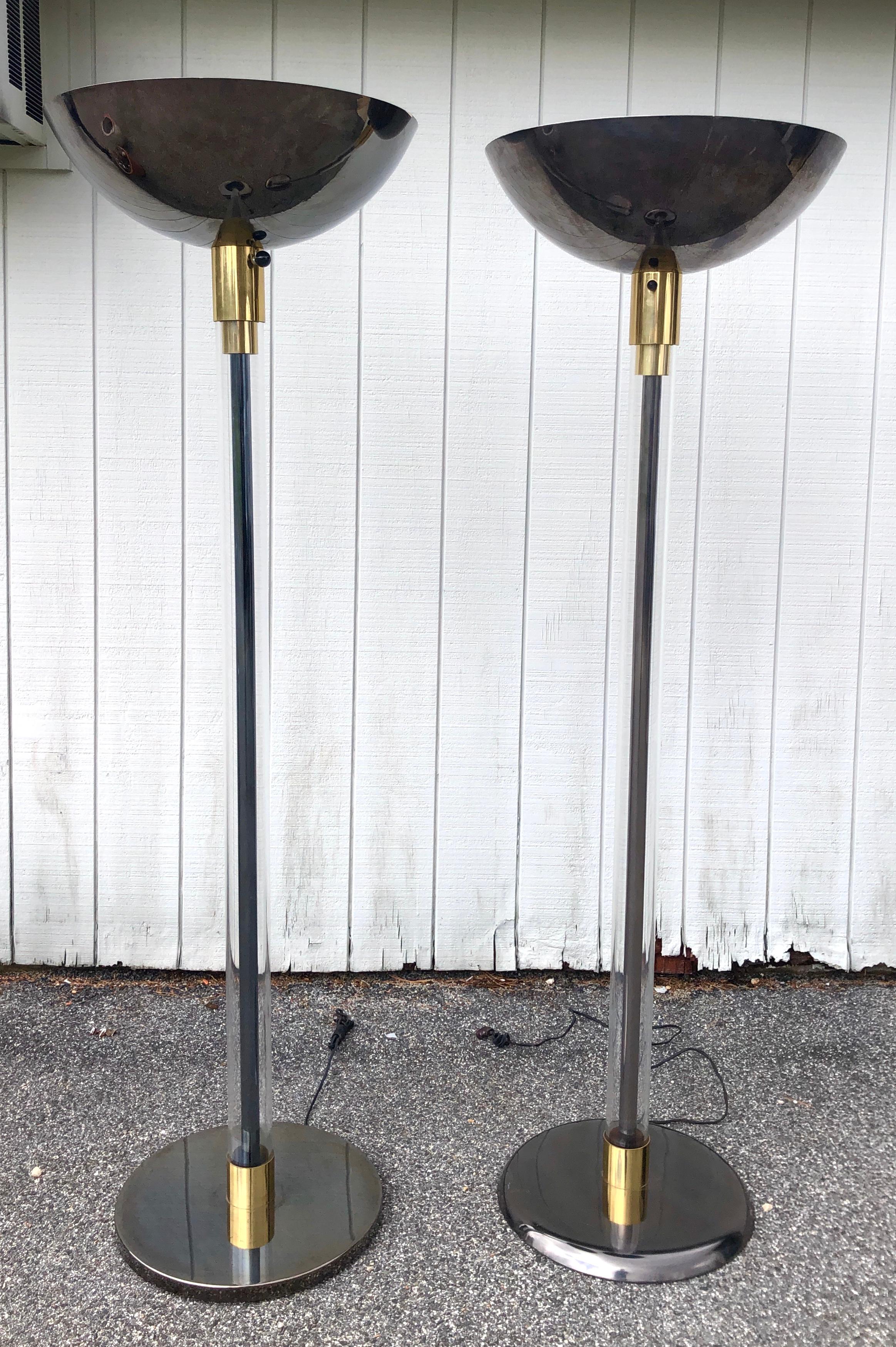 Complimentary Pair Karl Springer Lucite and Gun Metal Torchiere Floor Lamps For Sale 6