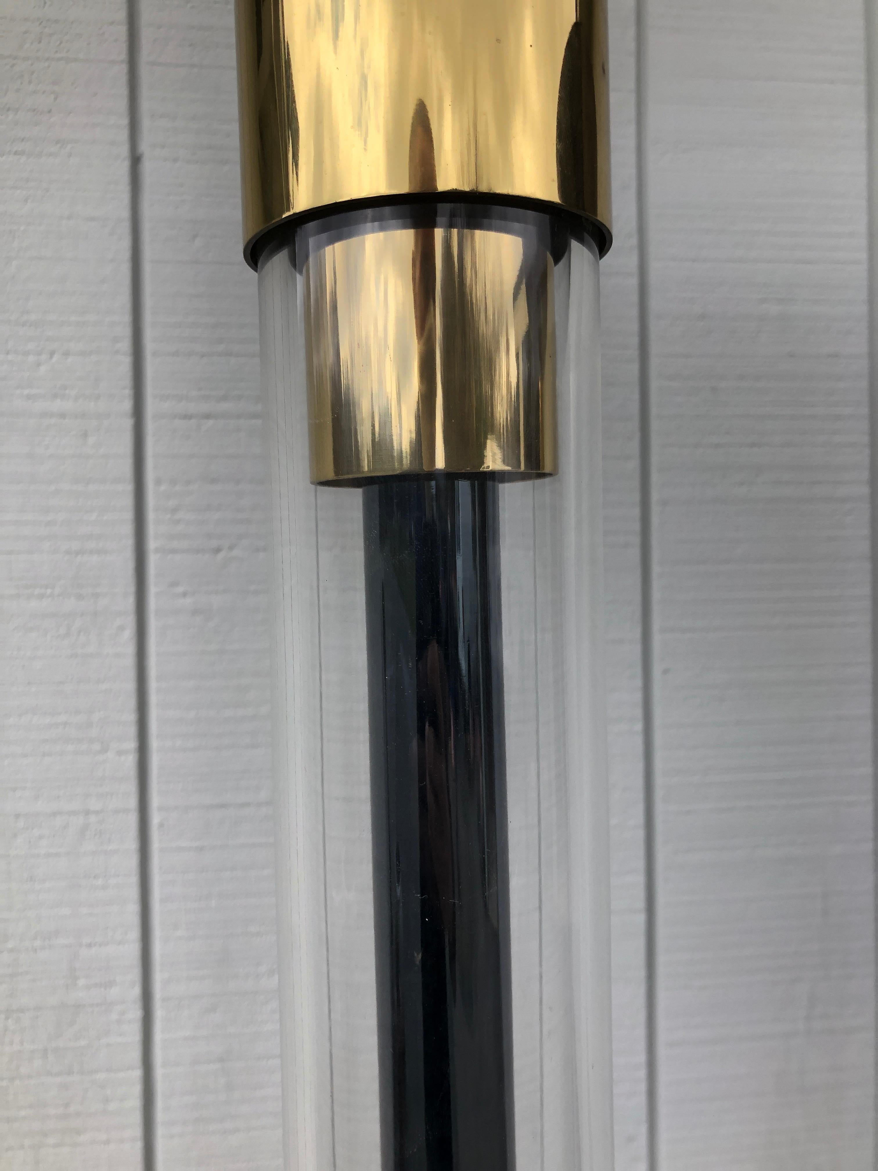 Late 20th Century Complimentary Pair Karl Springer Lucite and Gun Metal Torchiere Floor Lamps For Sale