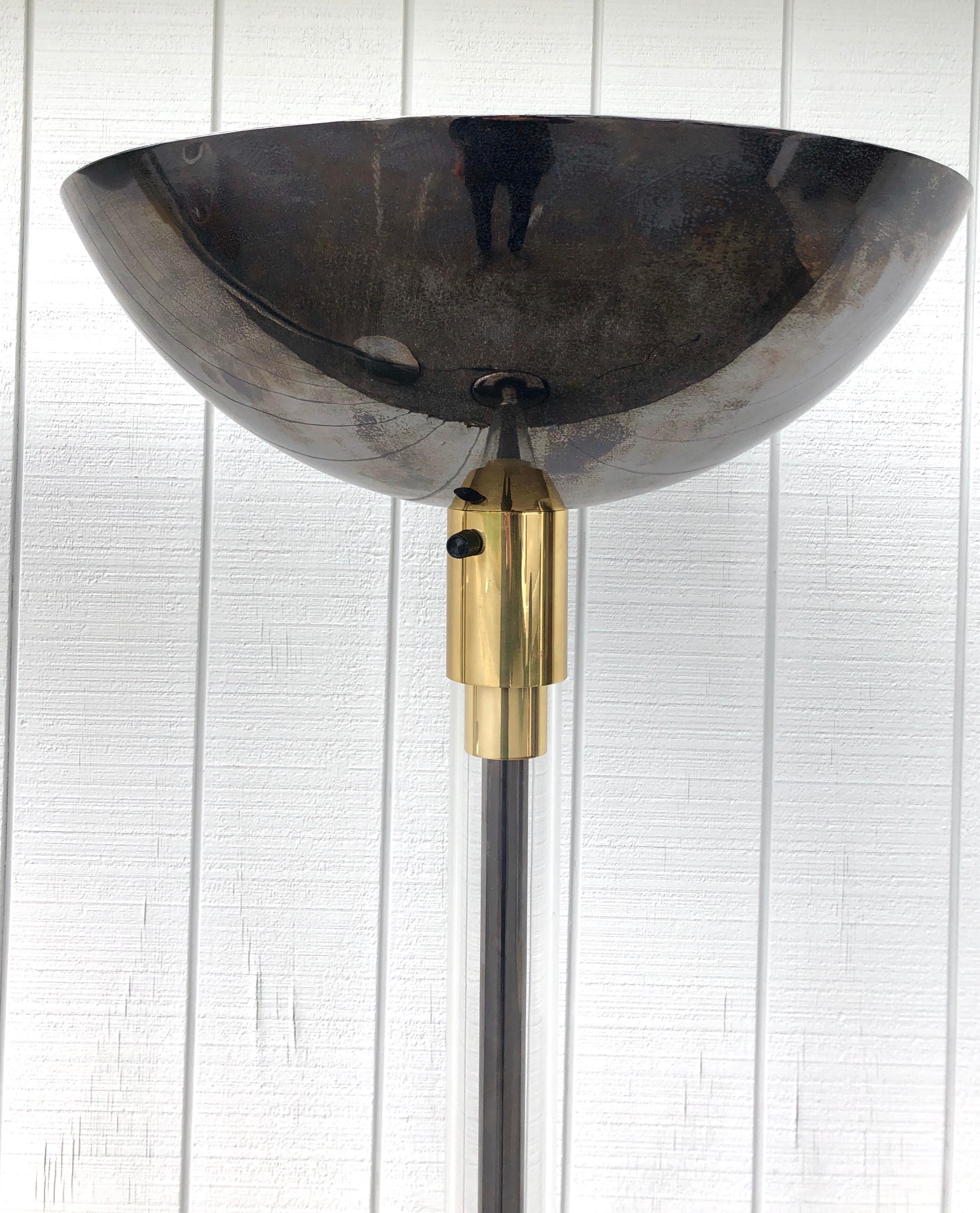 Complimentary Pair Karl Springer Lucite and Gun Metal Torchiere Floor Lamps For Sale 2