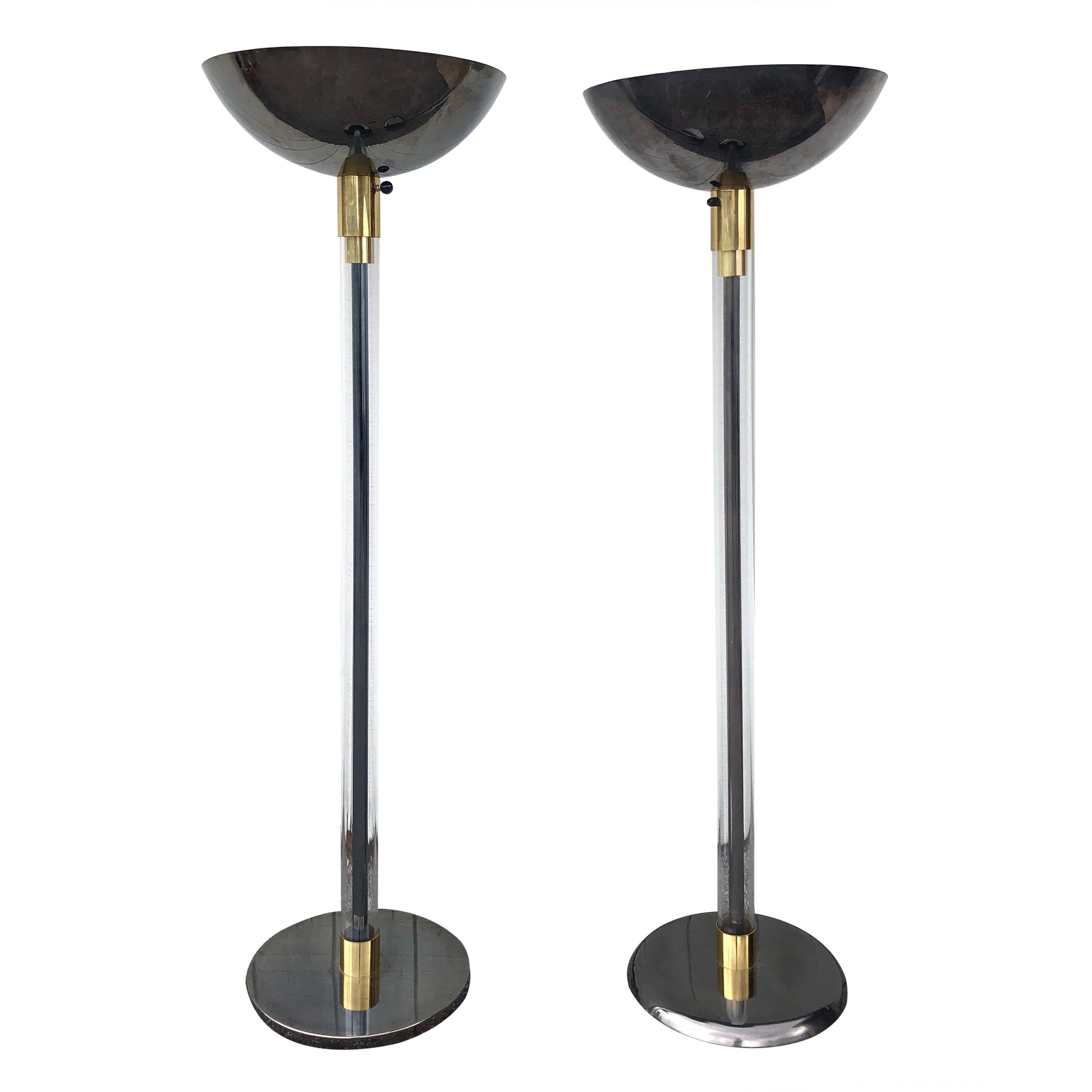 Complimentary Pair Karl Springer Lucite and Gun Metal Torchiere Floor Lamps For Sale