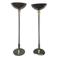 Complimentary Pair Karl Springer Lucite and Gun Metal Torchiere Floor Lamps