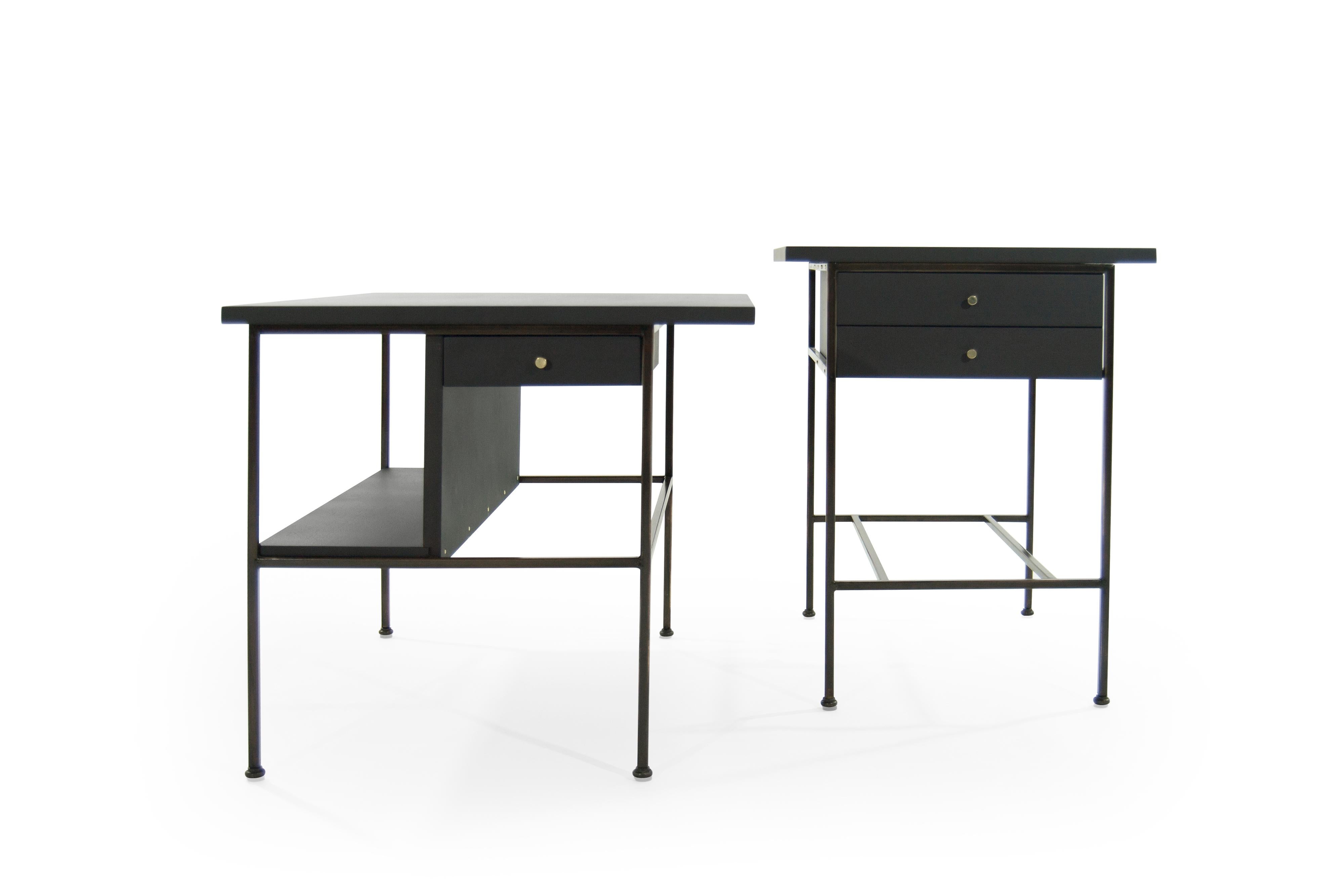 An important set of fully restored bronze side tables designed by Paul McCobb, circa 1950s.

Bronze frames have been fully restored and sit in mint condition, hand-polished brass hardware. Mahogany tops and drawers have been ebonized, topped in an