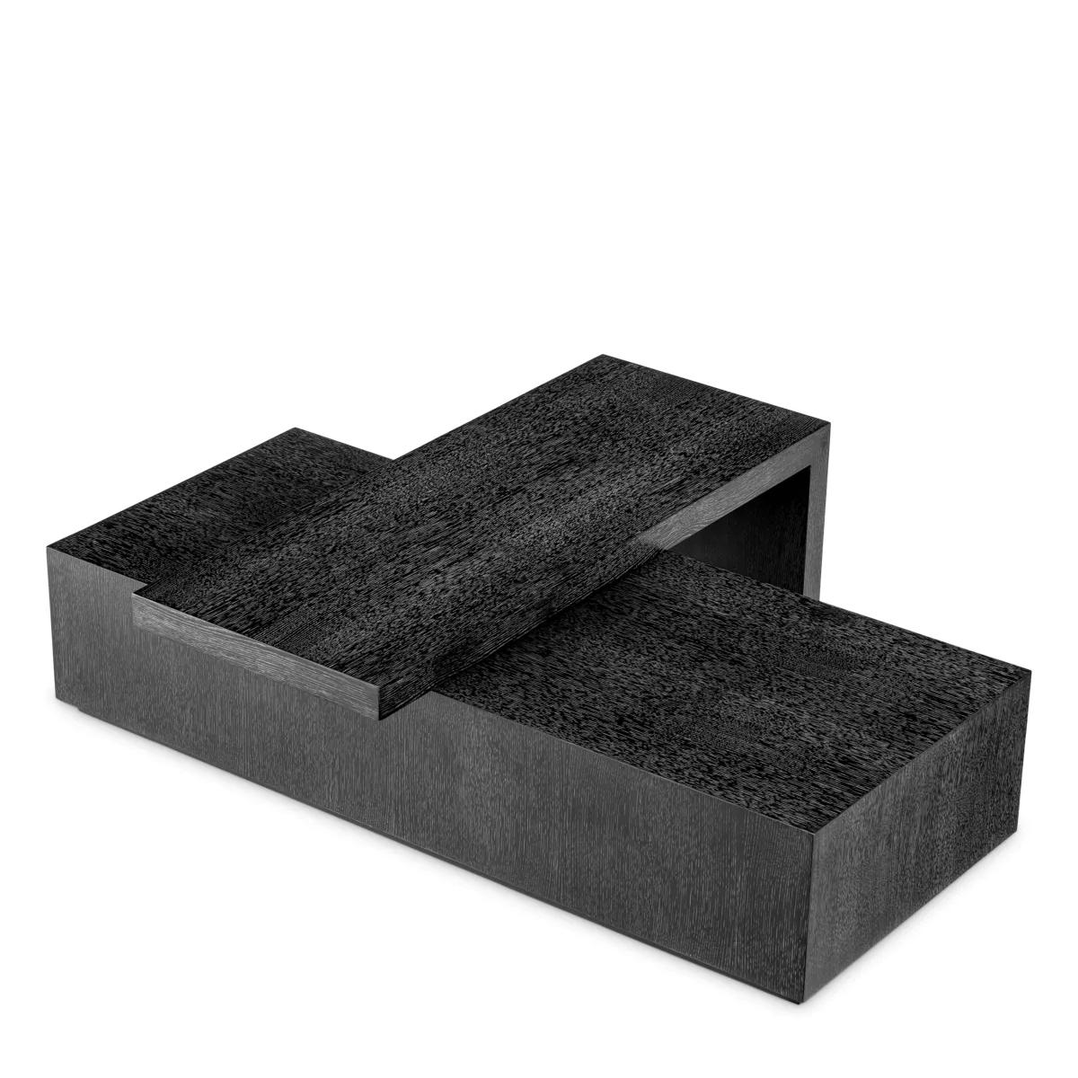 Mesa de centro Compo con todas las estructuras de
madera, madera maciza de caoba, chapa de roble teñida de oscuro
acabado en roble gris, con 2 mesas de centro giratorias.