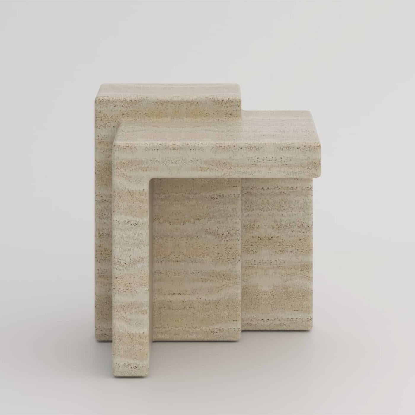 Stool Compo Travertine all in hand-crafted 
carved travertine marble, made in France.
Also available in ceramic or in wood, on request.