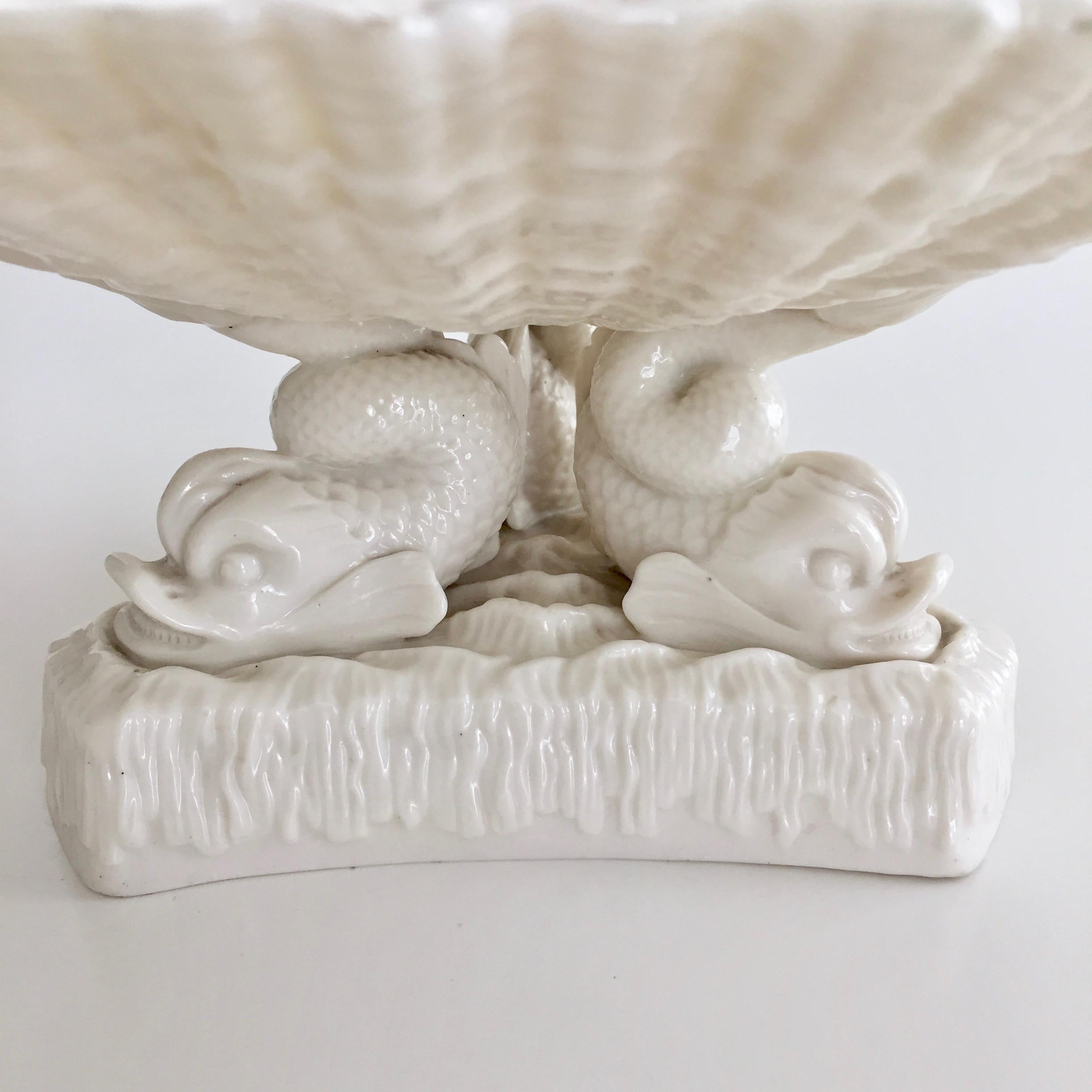 Northern Irish Belleek Comport, White Parian Porcelain on Dolphin Foot, Victorian, 1863-1891