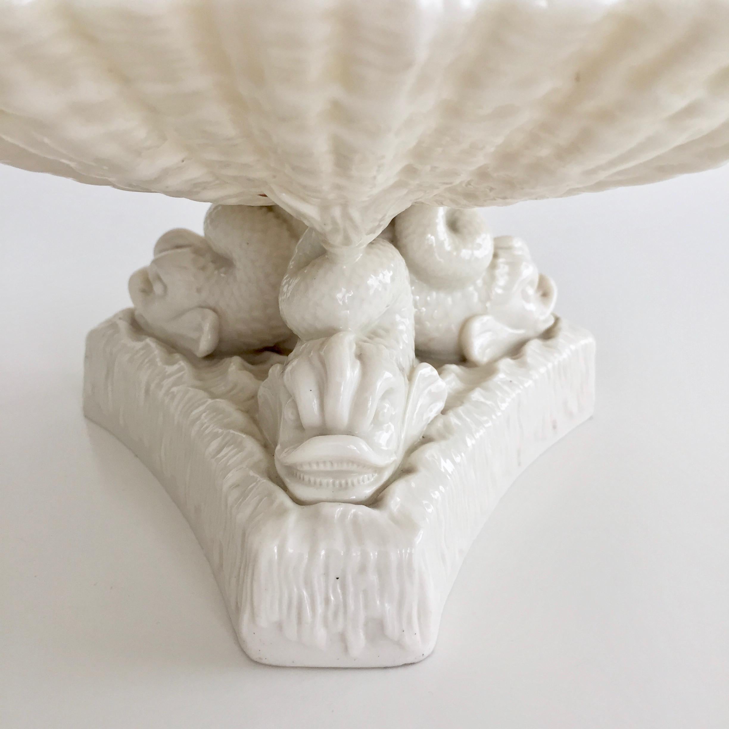 Belleek Comport, White Parian Porcelain on Dolphin Foot, Victorian, 1863-1891 In Good Condition In London, GB
