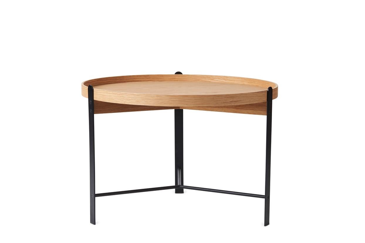 Compose coffee table white oiled oak black by Warm Nordic
Dimensions: D70 x H49 cm
Material: White oiled oak veneer, Powder coated steel frame
Weight: 3 kg
Also available in different finishes. 

Stylish coffee table and side table with a