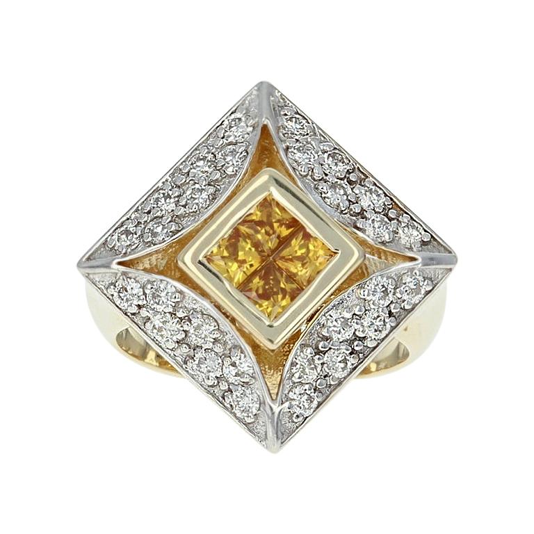 Composite Golden Yellow Sapphire and Diamond Halo Ring, 14 Karat Gold 1.45 Carat