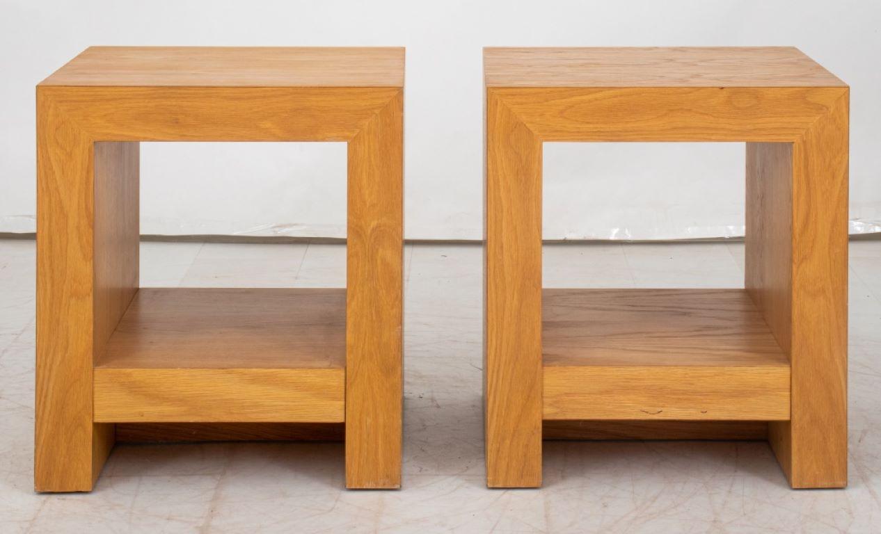 Pair of Composite Wood Cube End Tables with one open back shelf. Provenance: From a Riverside Drive Collection. 

Dealer: S138XX