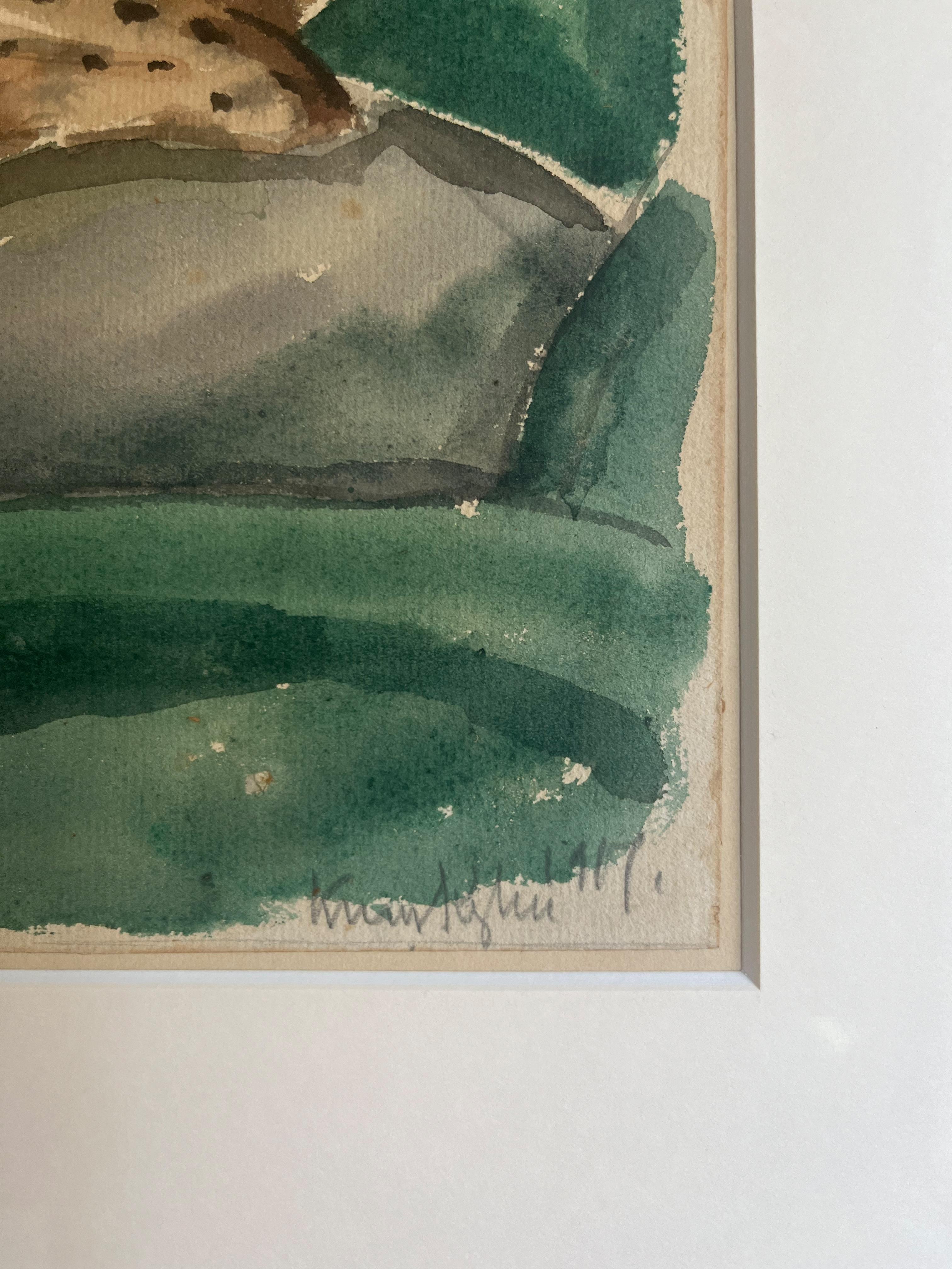 Komposition von Knud Kyhn, 1917
Aquarell auf Papier. Blattgröße 30×38 cm, signiert und gerahmt.

Knud Kyhn (1880 - 1969) war ein dänischer Maler, Illustrator und Keramikbildhauer, der vor allem für seine Tierfiguren bekannt ist, die er während