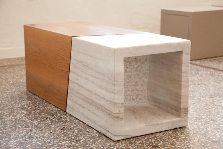 Contemporary 21st Century, Minimalist, European, Coffee Table, White Greek Marble and Oakwood For Sale