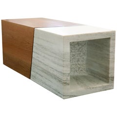 21st Century, Minimalist, European, Coffee Table, White Greek Marble and Oakwood