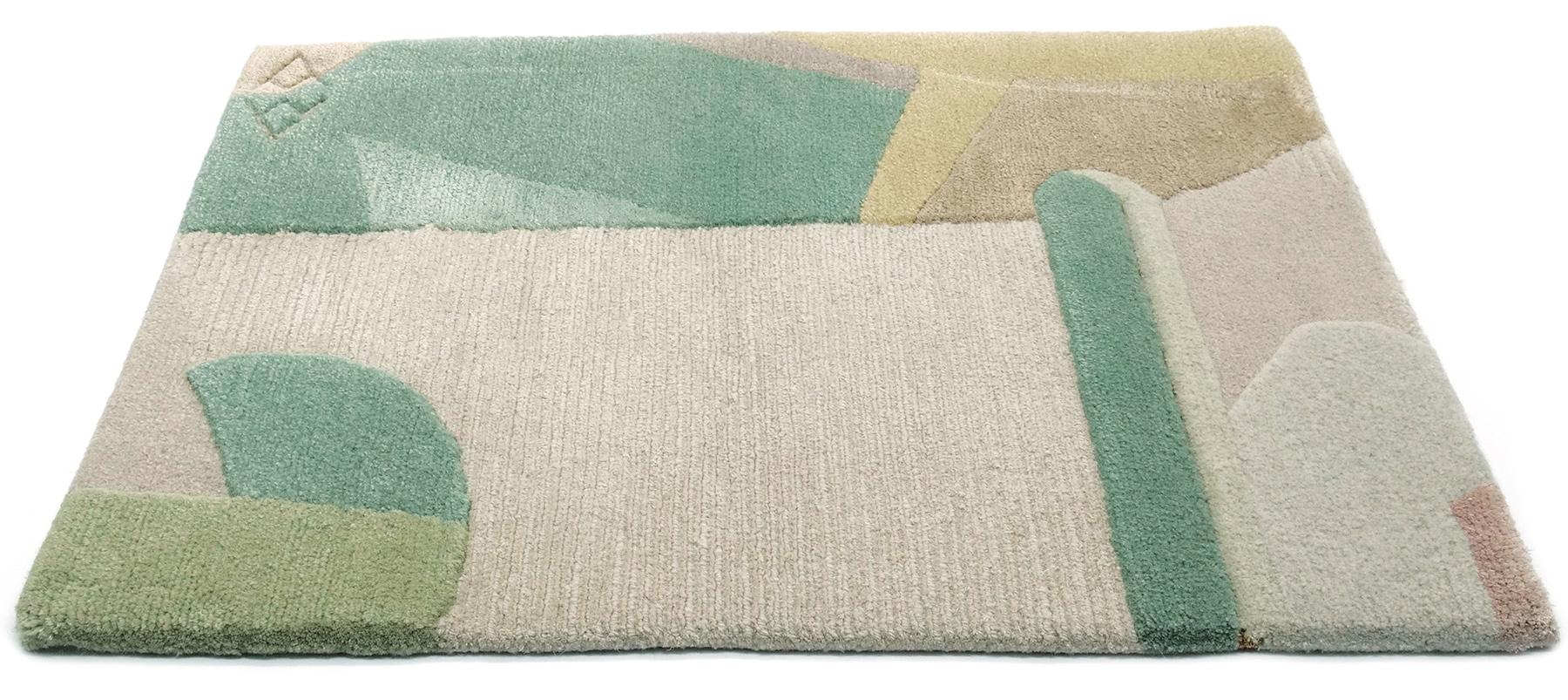 Green Beige Modern Hand Knotted Wool Silk Kids room Rug  - Composition IV For Sale 1