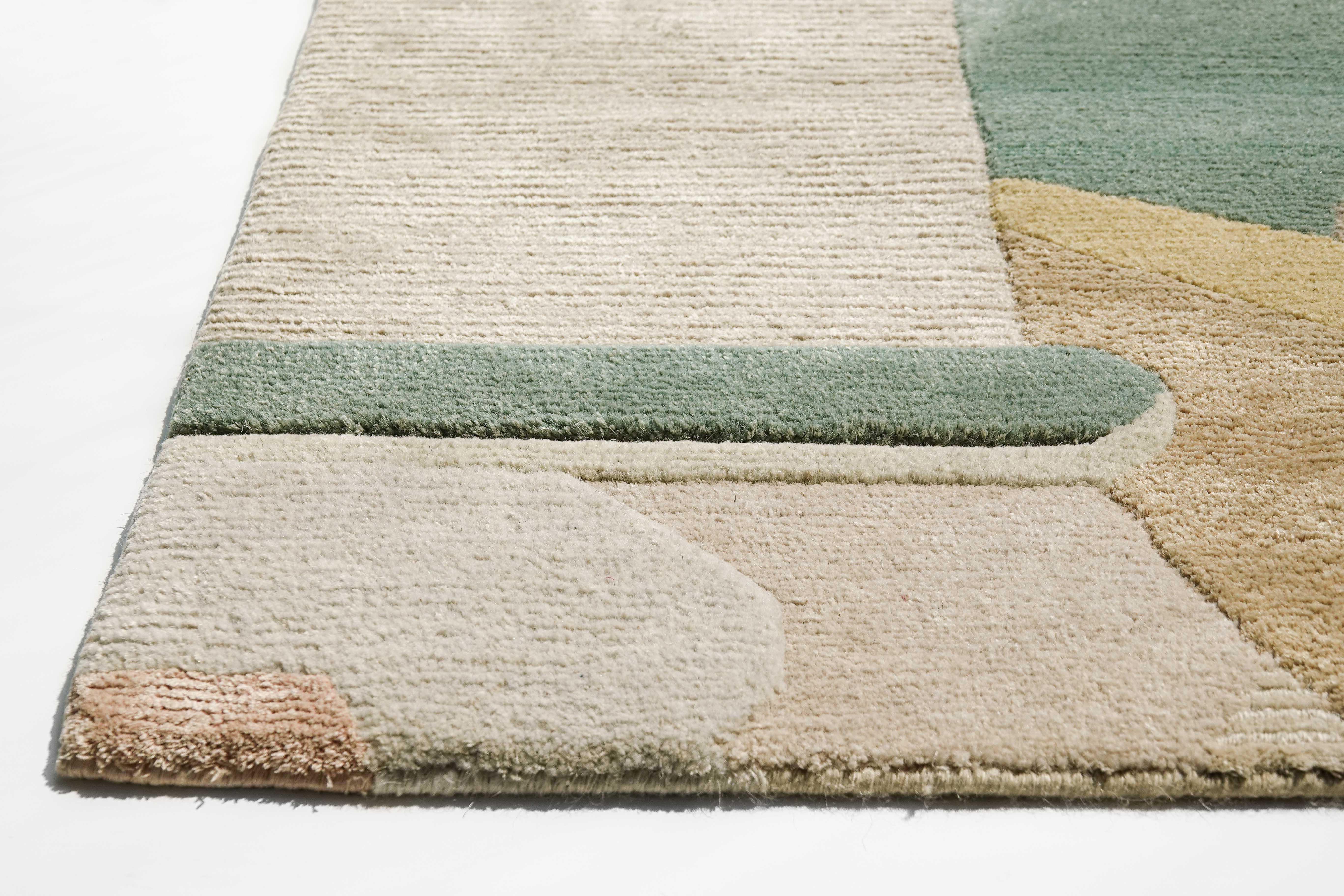 Contemporary Green Beige Modern Hand Knotted Wool Silk Kids room Rug  - Composition IV For Sale