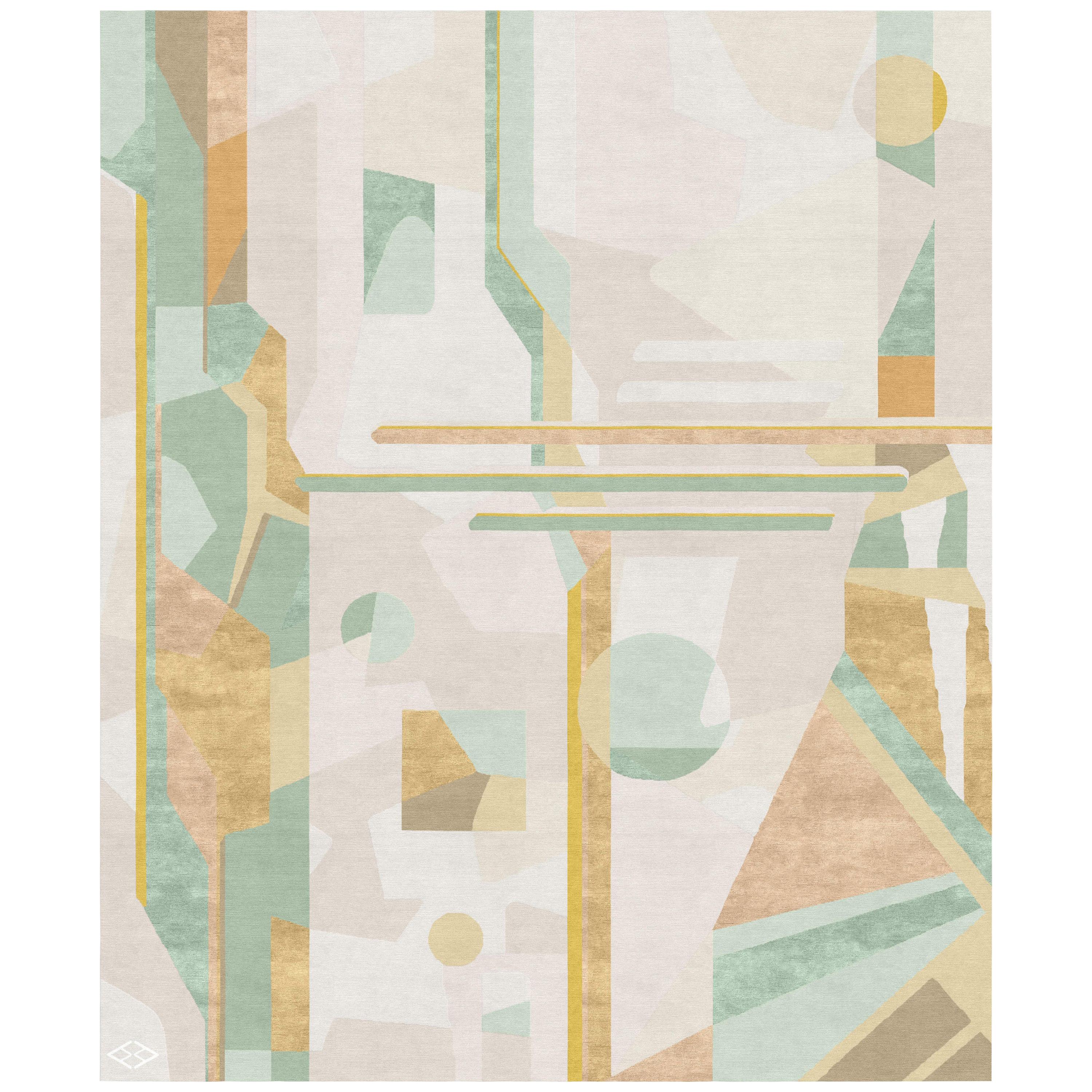Composition IV - Green Beige Modern Hand Knotted Wool Silk Rug