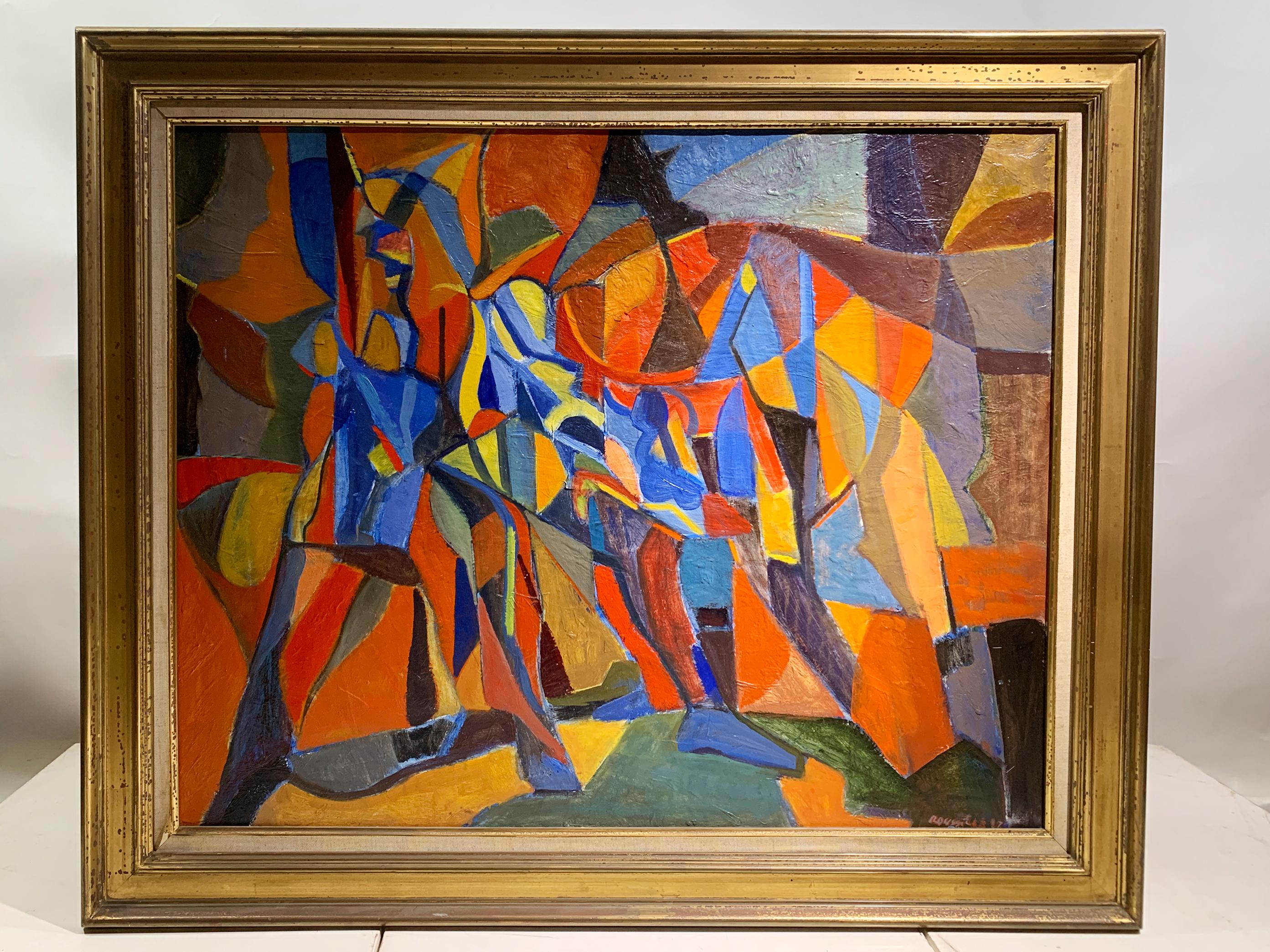 Ein außergewöhnliches und lebendiges Beispiel für die frühe geometrische Abstraktion des bedeutenden französischen Nachkriegs- und zeitgenössischen Künstlers Guy Roussille (geb. 1944). 
Dieses kühne Ölgemälde mit dem Titel 