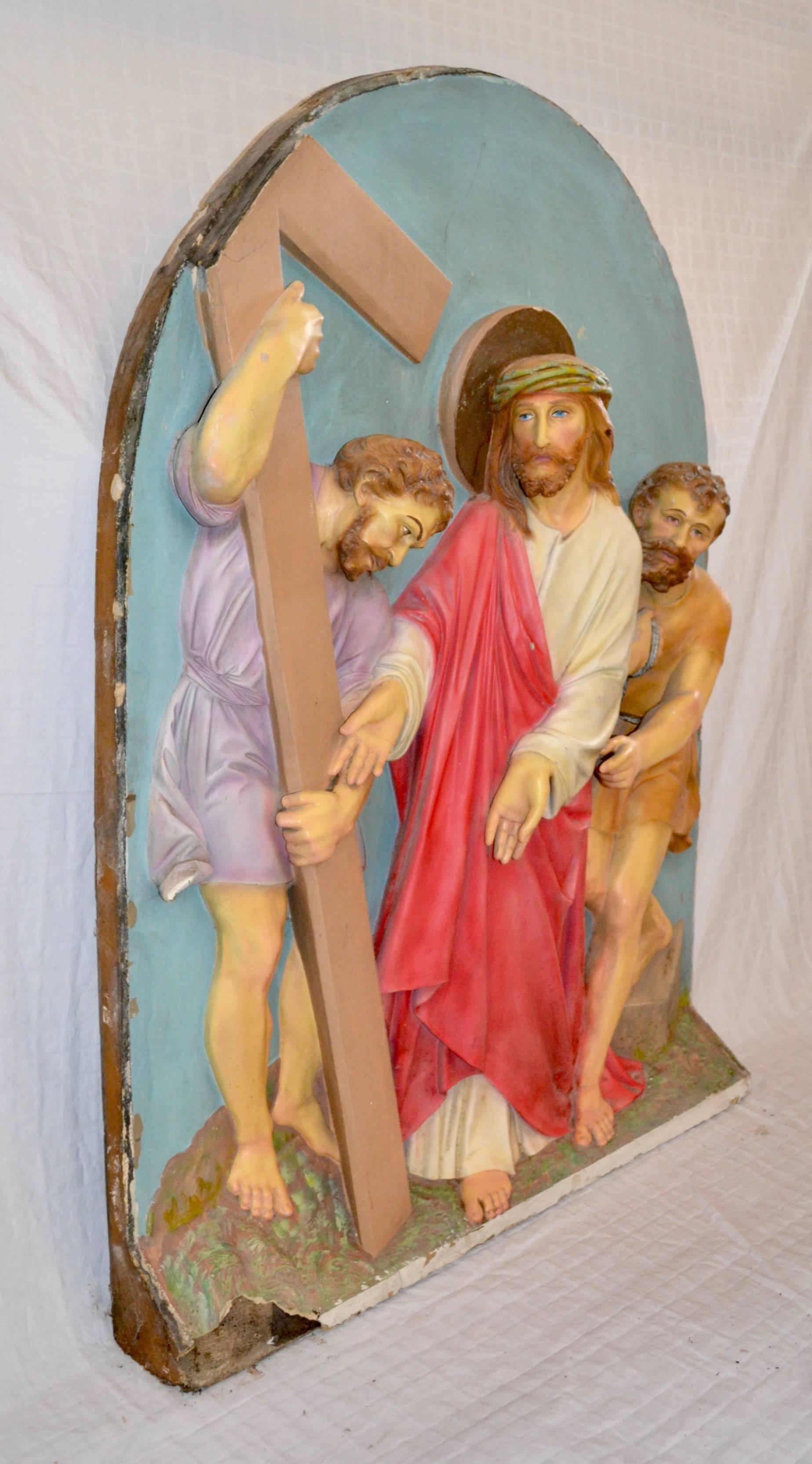 These unusual stations of the Cross are possible De Prado Studios. The panels are in good condition with some minor losses. The vibrant colors are consistent with and characteristic of a midcentury repaint. Panel shown is one of eight remaining with