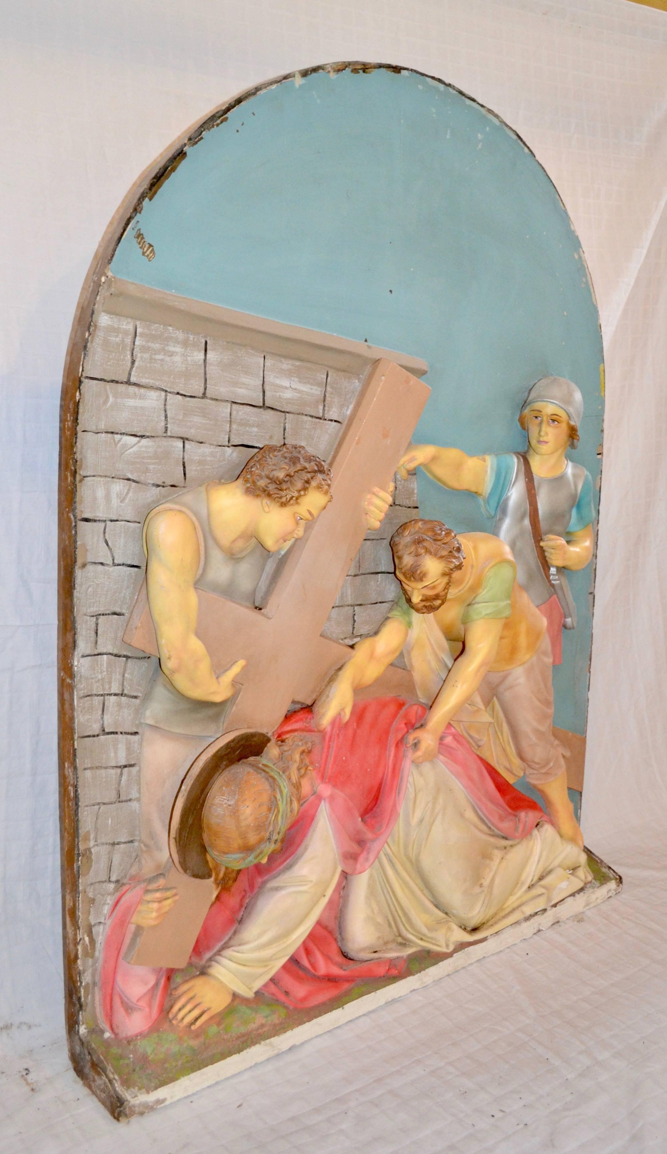 These unusual stations of the Cross are possible De Prado Studios. The panels are in good condition with some minor losses. The vibrant colors are consistent with and characteristic of a midcentury repaint. The panel shown is one of eight remaining