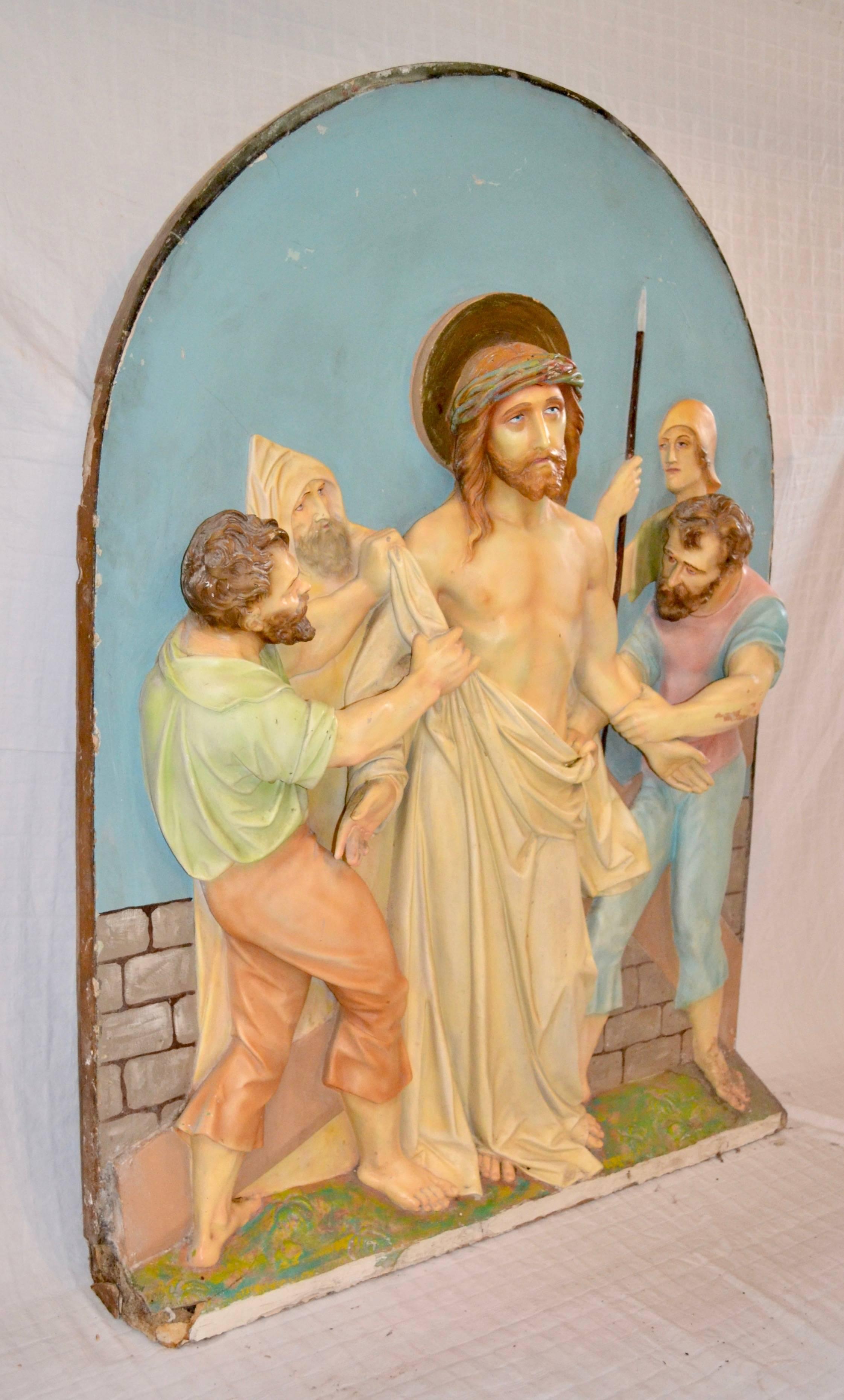 These unusual stations of the Cross are possibly by De Prado Studios.
The panels are in good condition with some minor losses. The vibrant colors are consistent with and characteristic of of a midcentury repaint. Shown here is one panel of eight