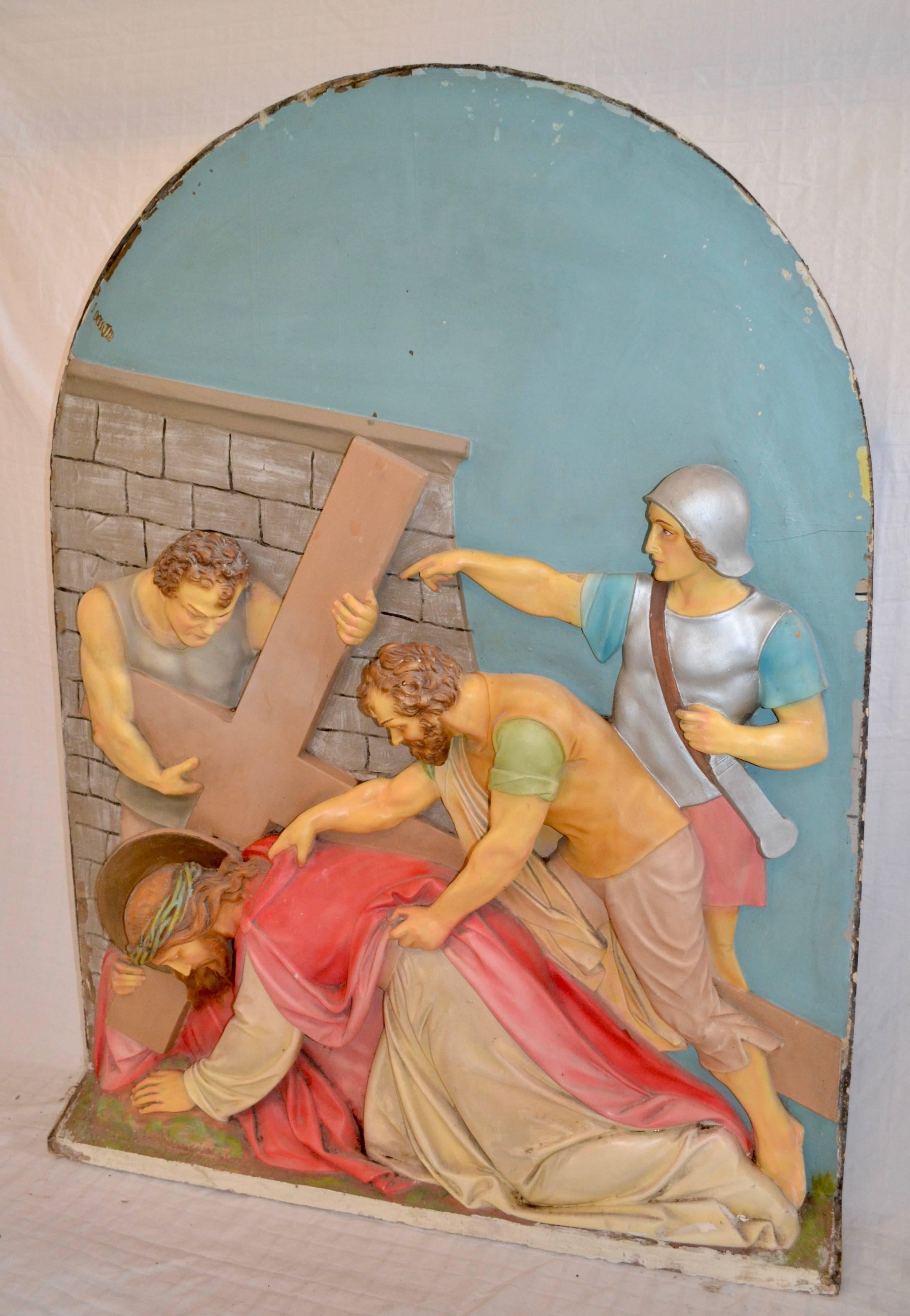 American Composition Plaster Station of the Cross For Sale