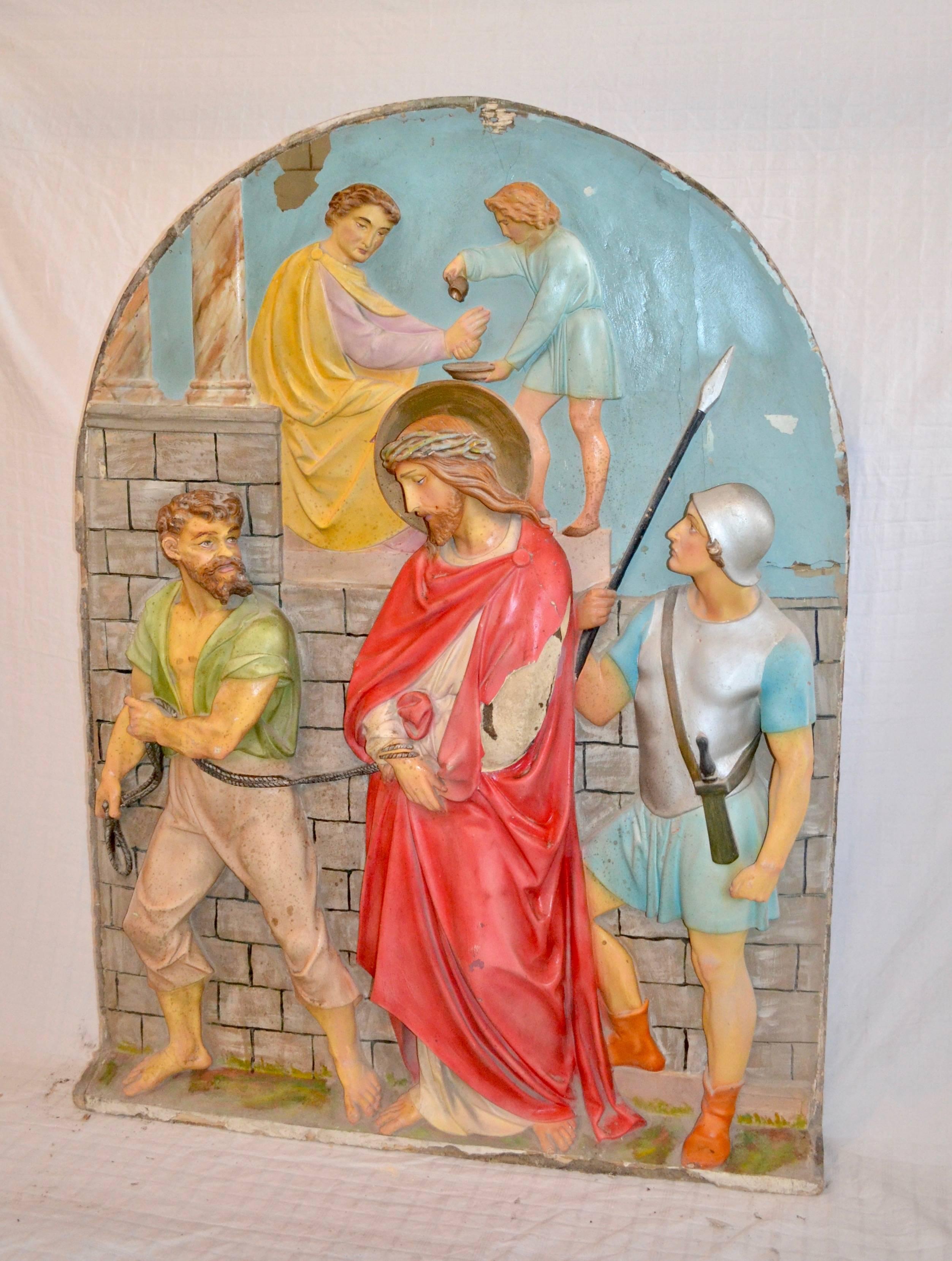 American Composition Plaster Station of the Cross For Sale