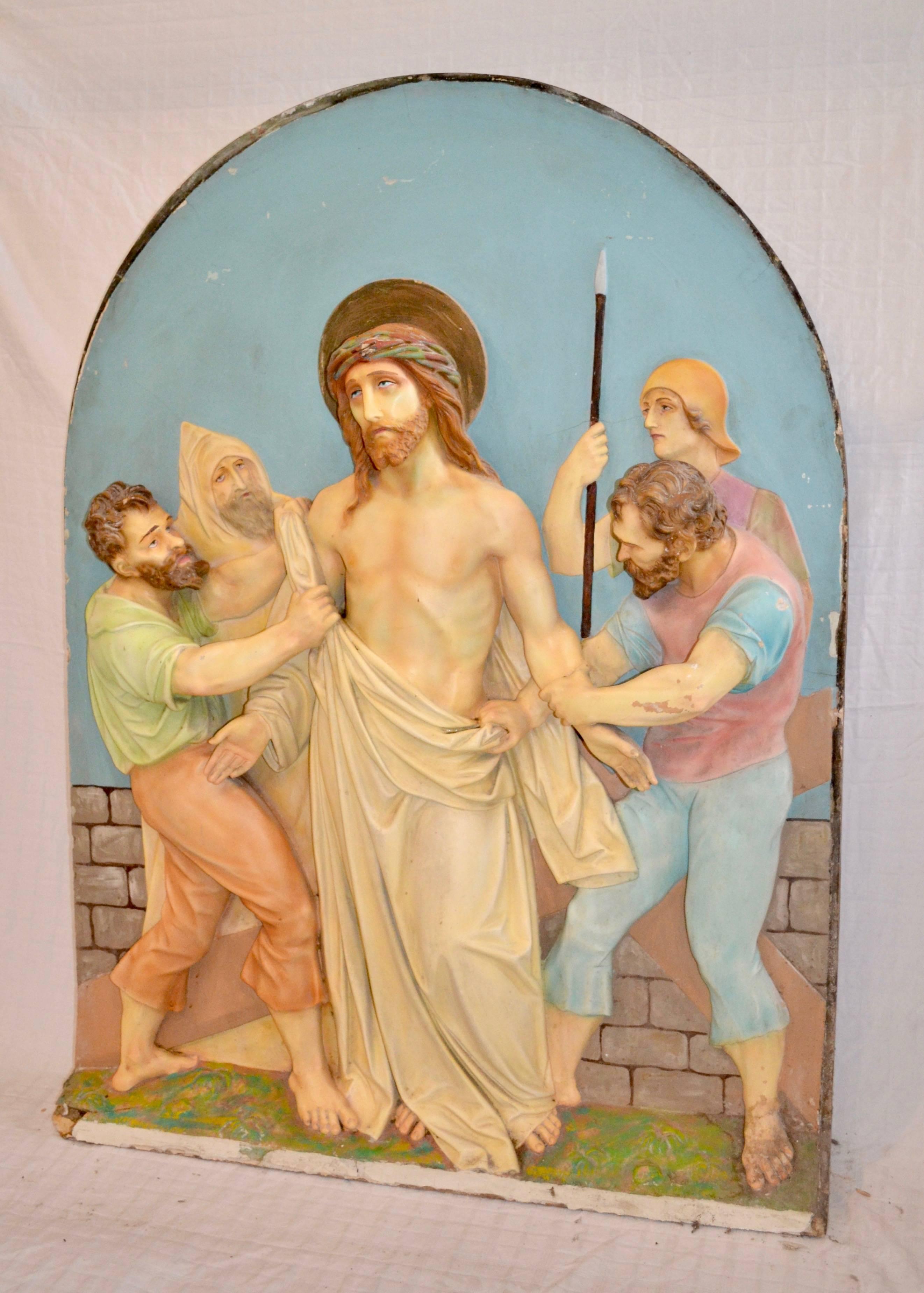 American Composition Plaster Station of the Cross For Sale
