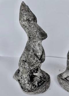 Composition Stone Garden Rabbit Sculptures with Weathered Patina, a Pair