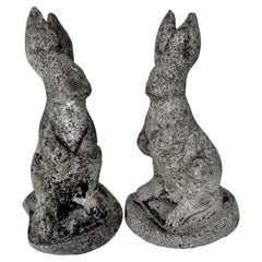 Composition Stone Garden Rabbit Sculptures with Weathered Patina, a Pair