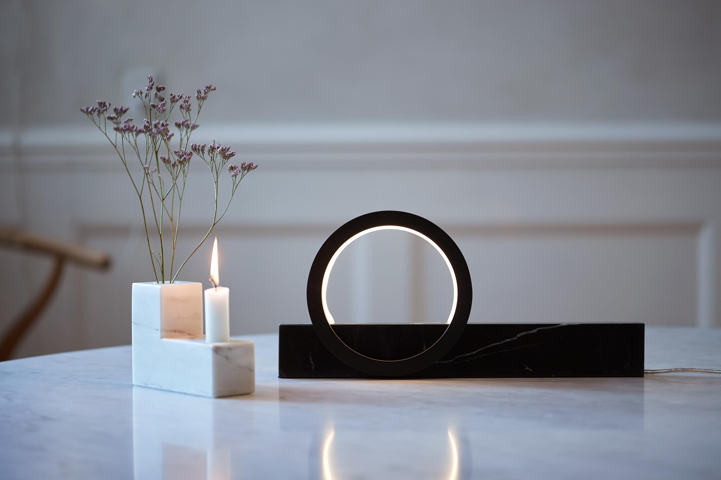 Powder-Coated Composition Table Light in Black Marble 'LED' For Sale